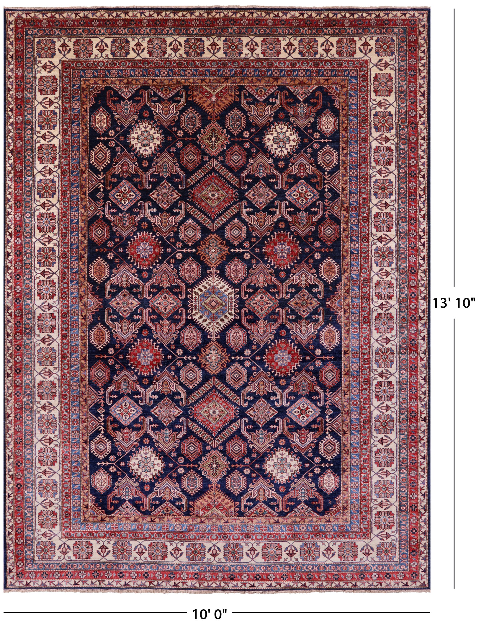 Blue Super Kazak Hand Knotted Wool Rug - 10' 0" X 13' 10" - Golden Nile