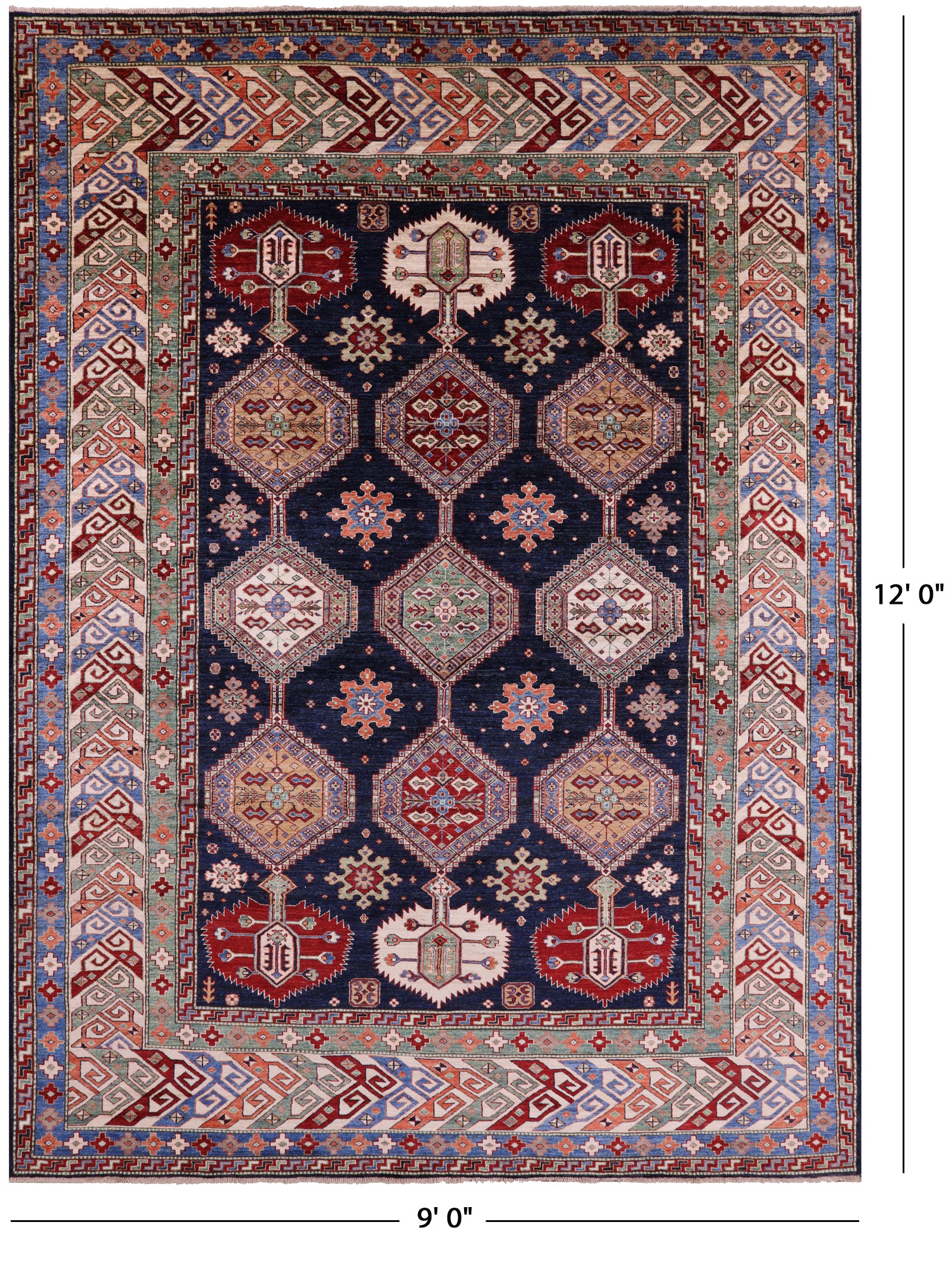 Blue Super Kazak Hand Knotted Wool Rug - 9' 0" X 12' 0" - Golden Nile