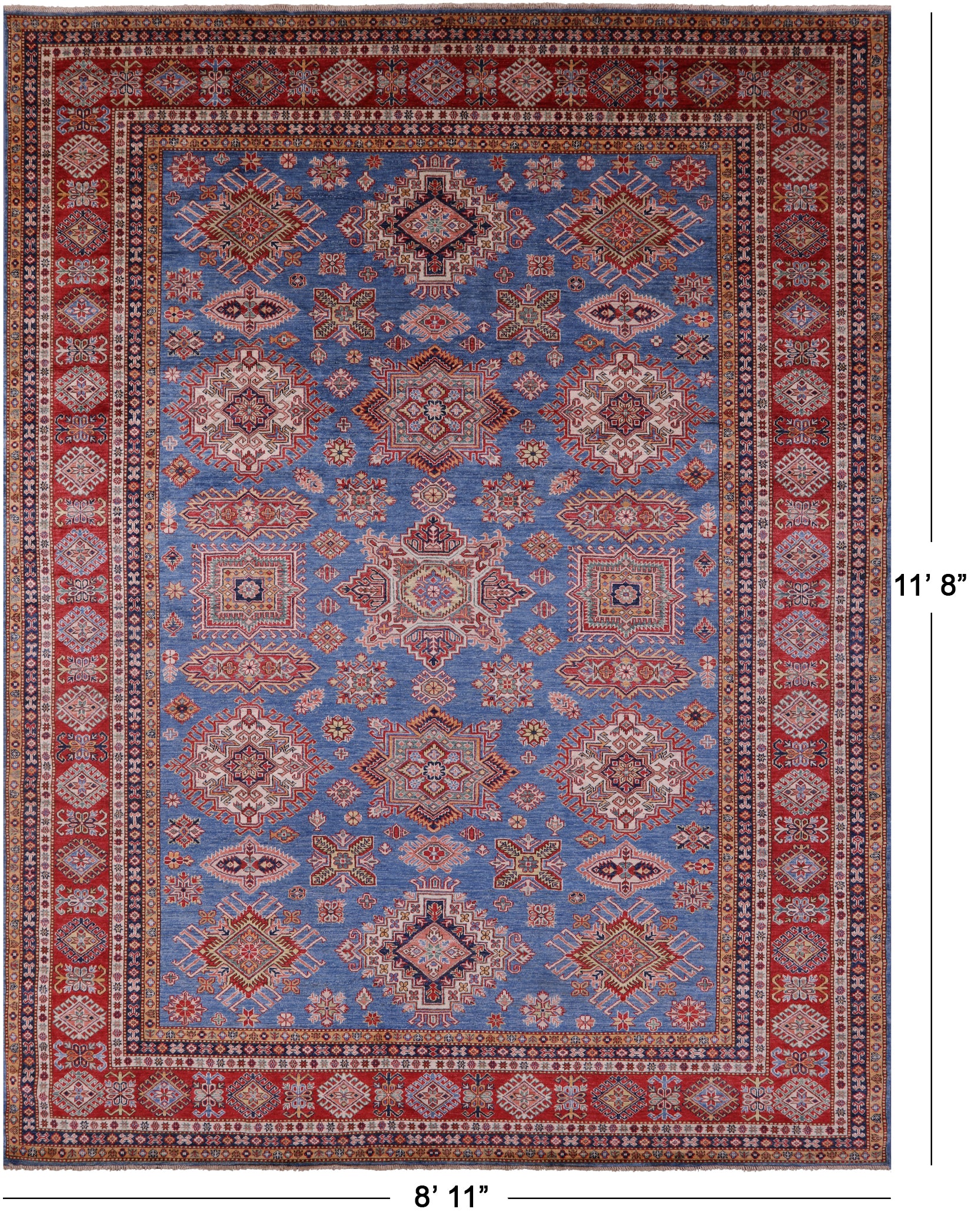 Blue Super Kazak Hand Knotted Wool Rug - 8' 11" X 11' 8" - Golden Nile