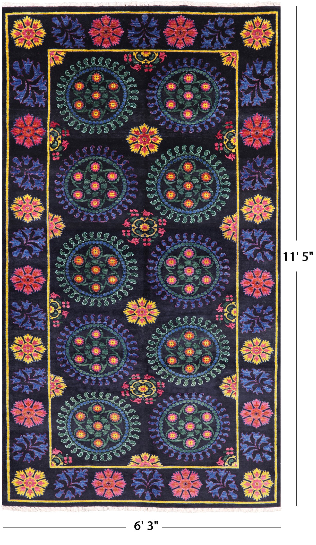 Black William Morris Hand Knotted Wool Area Rug - 6' 3" X 11' 5" - Golden Nile