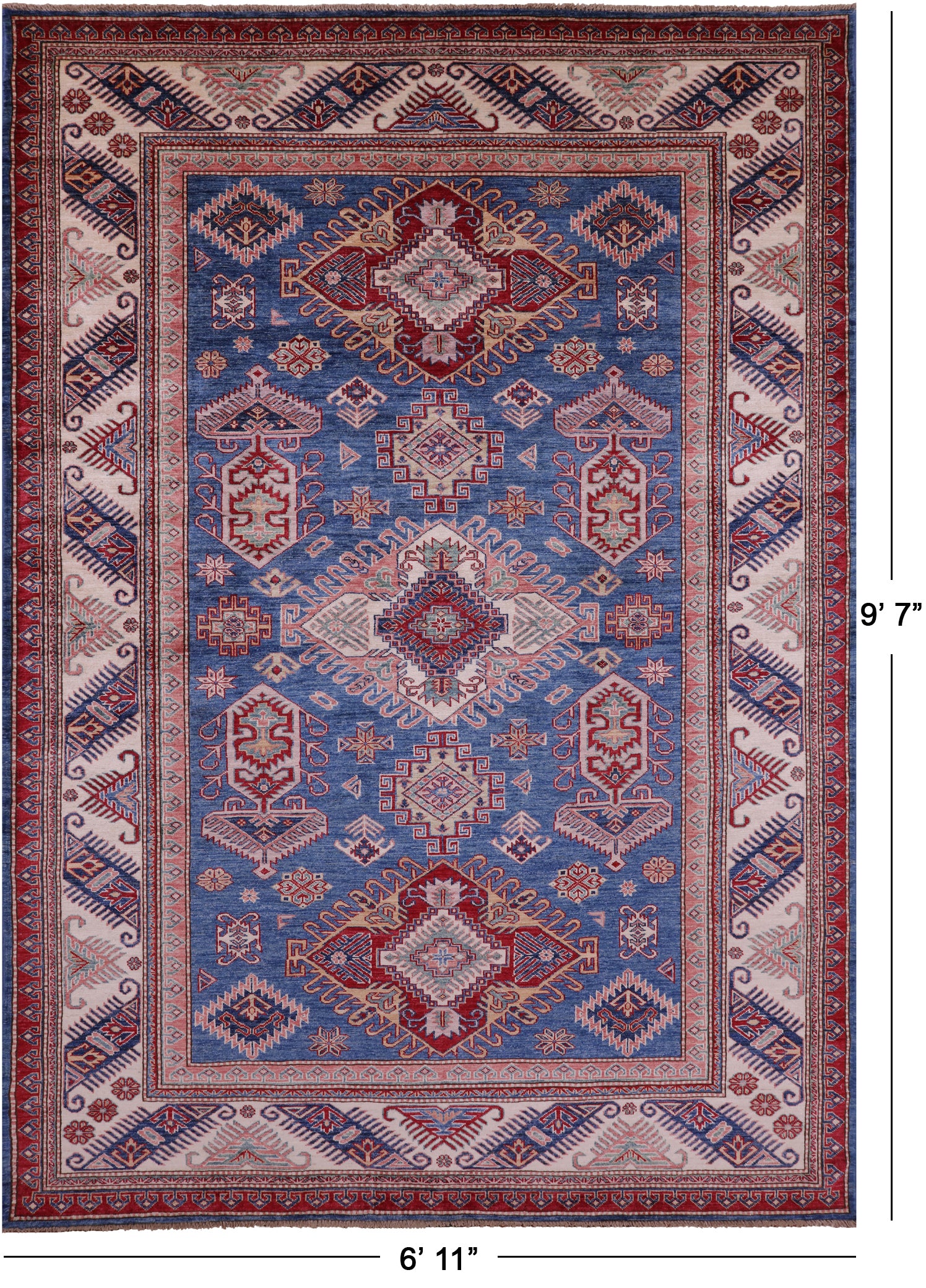 Blue Super Kazak Hand Knotted Wool Rug - 6' 11" X 9' 7" - Golden Nile