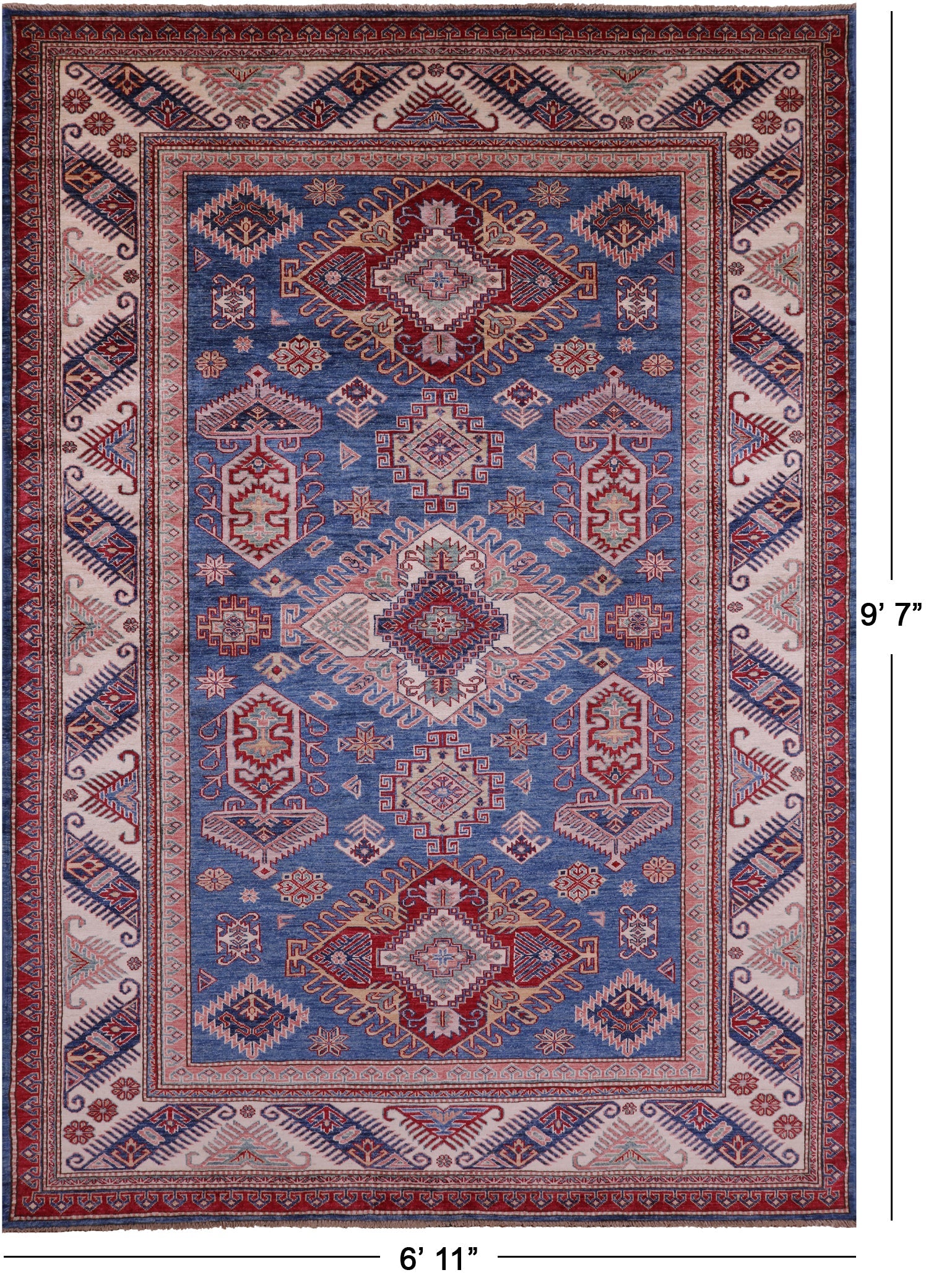 Blue Super Kazak Hand Knotted Wool Rug - 6' 11" X 9' 7" - Golden Nile