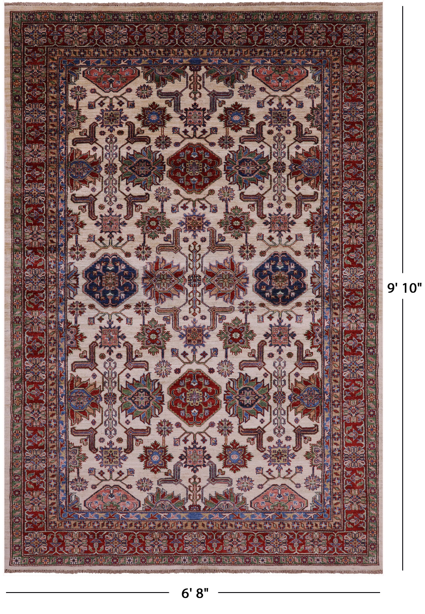 Ivory Super Kazak Hand Knotted Wool Rug - 6' 8" X 9' 10" - Golden Nile