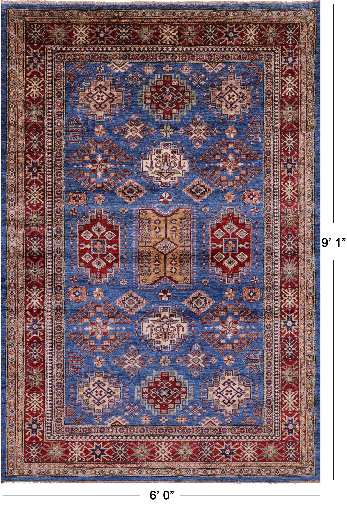 Blue Super Kazak Hand Knotted Wool Rug - 6' 0" X 9' 1" - Golden Nile