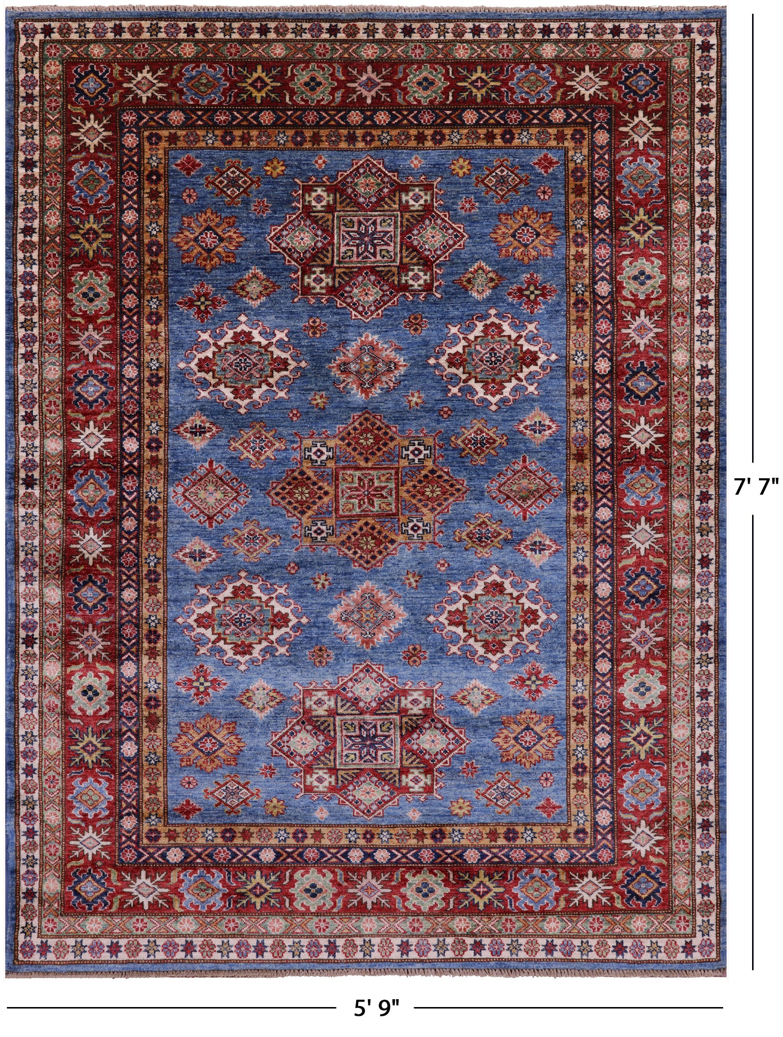 Blue Super Kazak Hand Knotted Wool Rug - 5' 9" X 7' 7" - Golden Nile