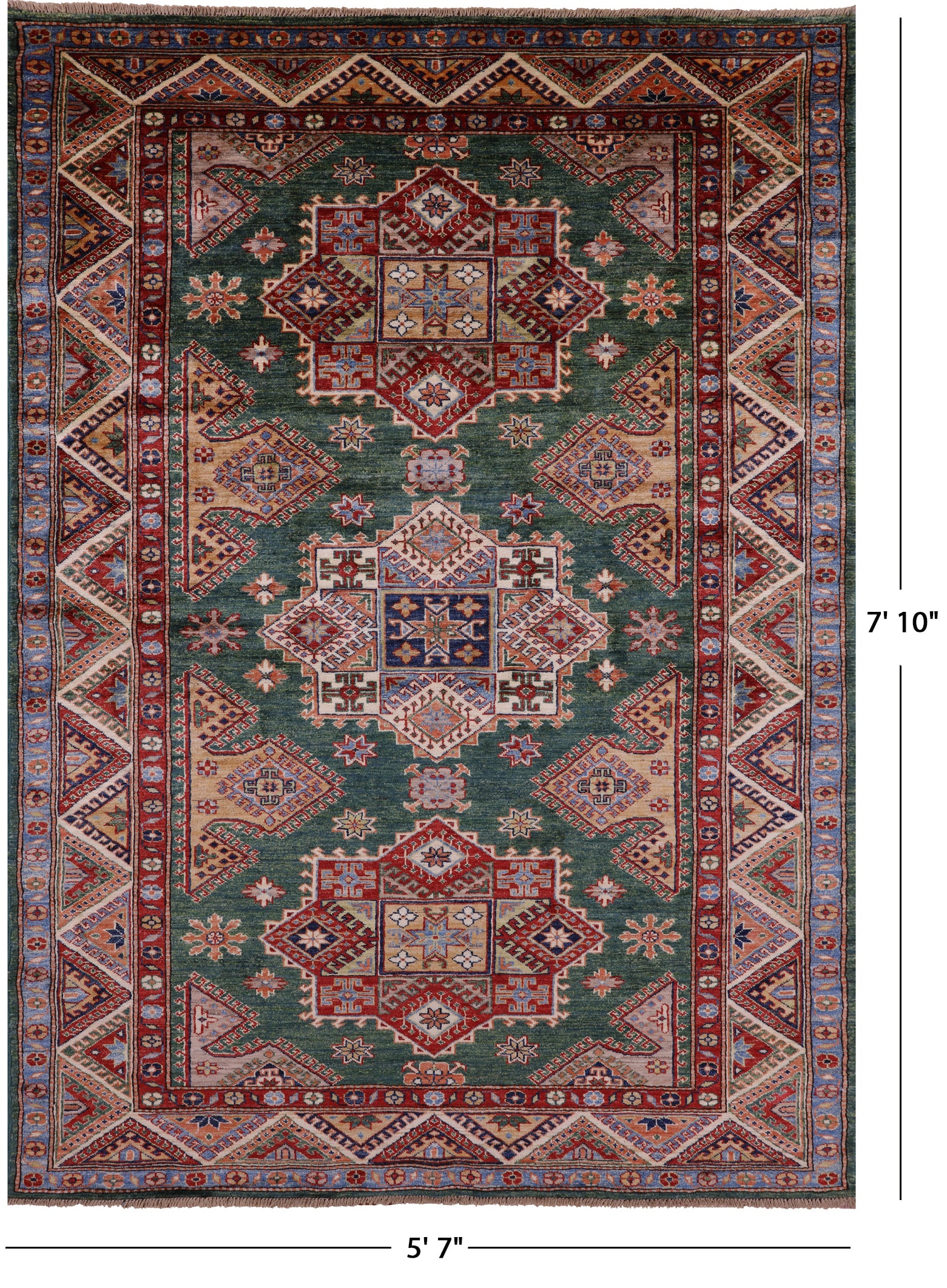 Green Super Kazak Hand Knotted Wool Rug - 5' 7" X 7' 10" - Golden Nile