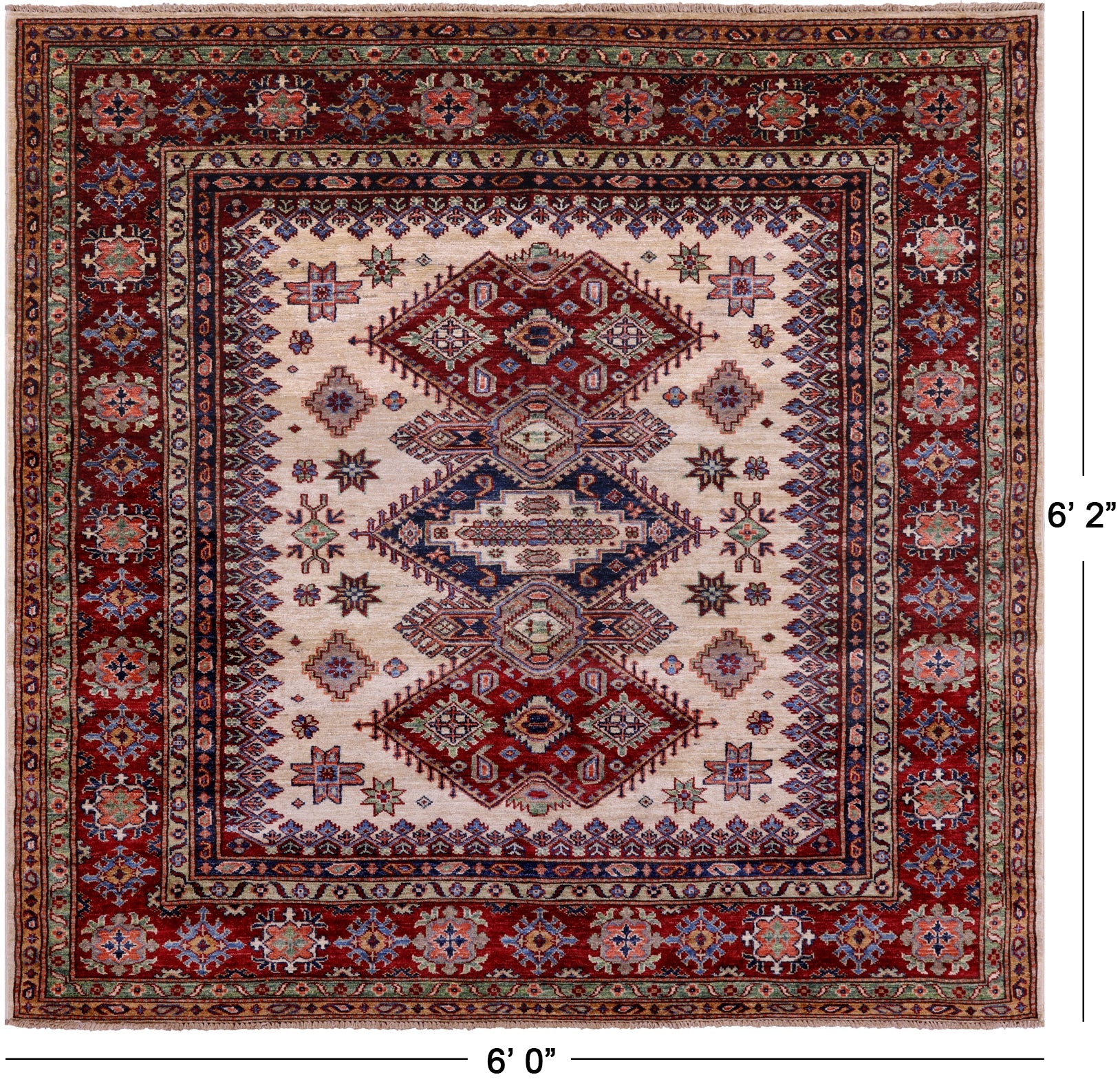 Ivory Square Super Kazak Hand Knotted Wool Rug - 6' 0" X 6' 2" - Golden Nile