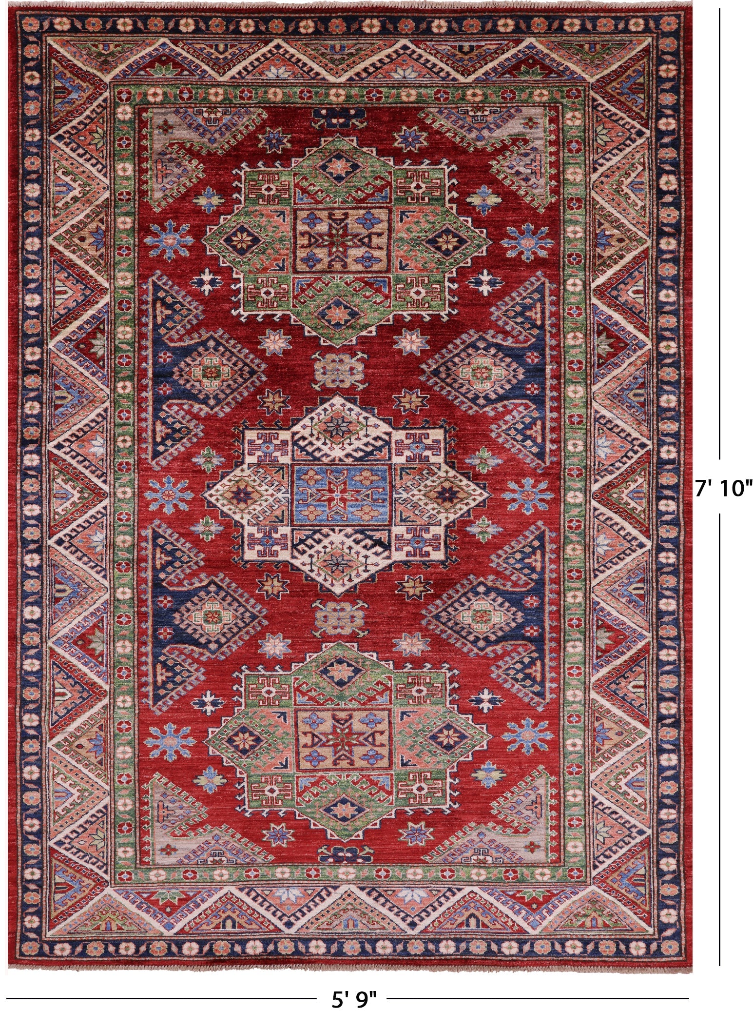 Red Super Kazak Handmade Wool Rug - 5' 9" X 7' 10" - Golden Nile