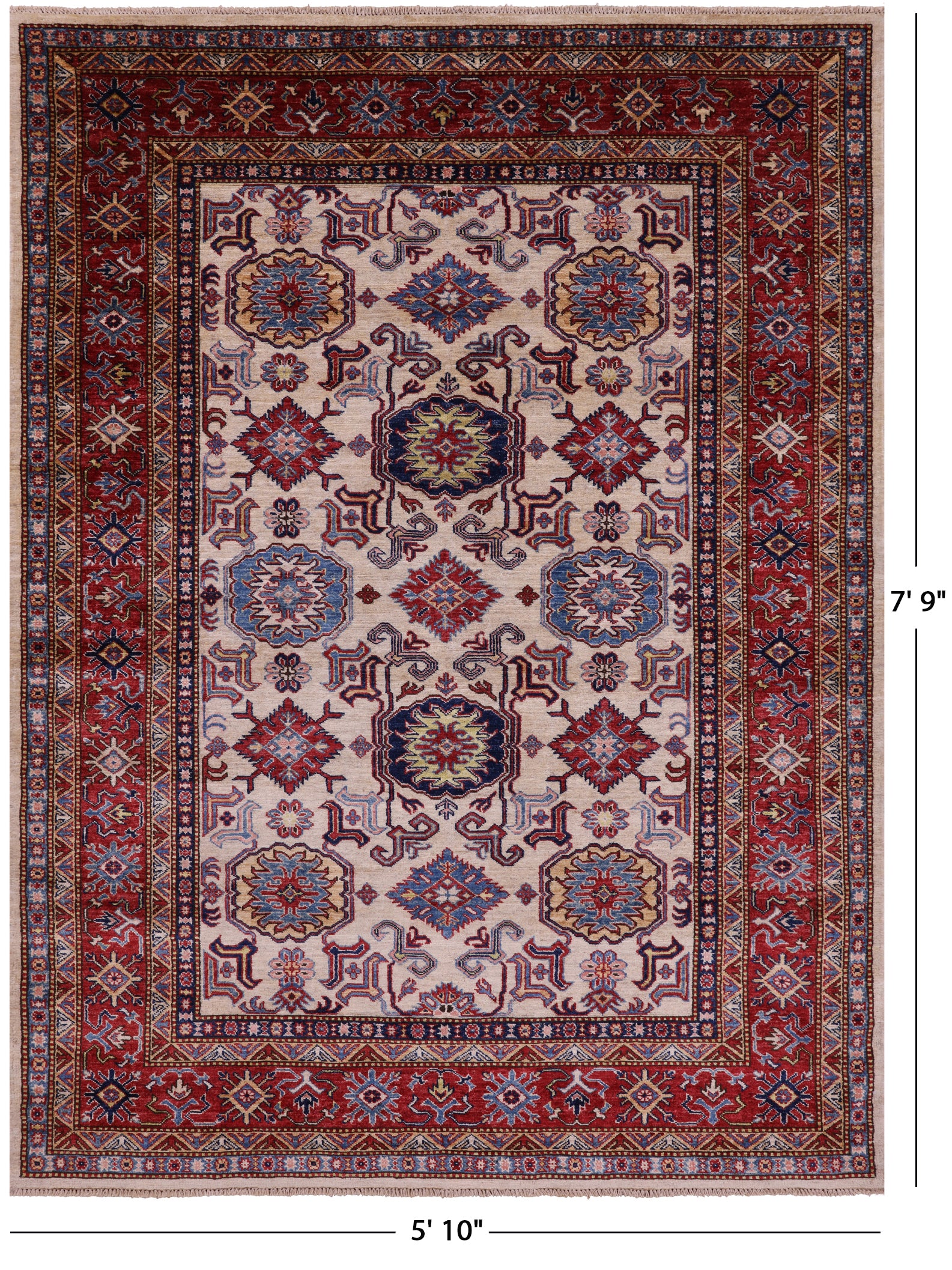 Ivory Super Kazak Hand Knotted Wool Rug - 5' 10" X 7' 9" - Golden Nile