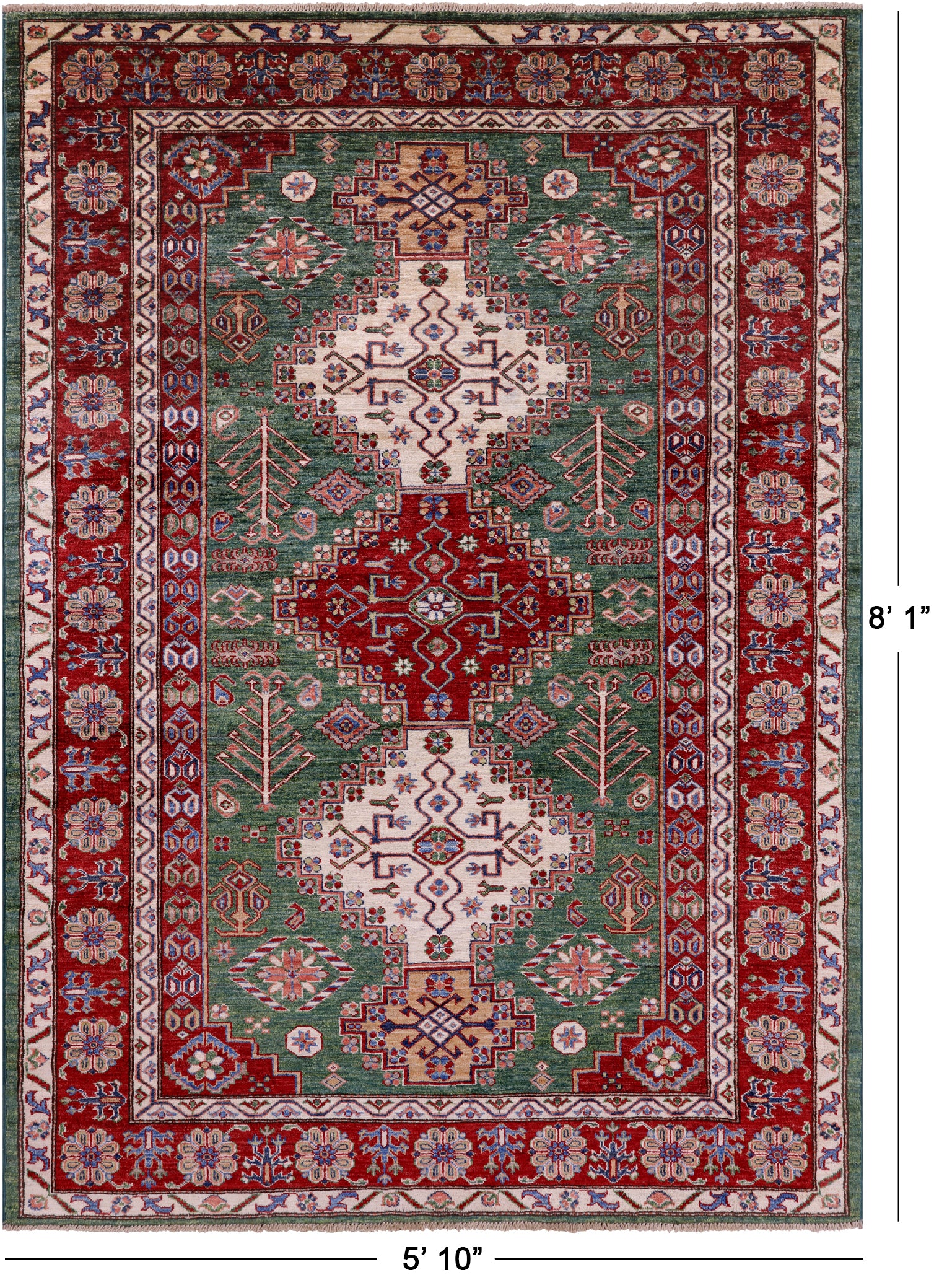 Green Super Kazak Hand Knotted Wool Rug - 5' 10" X 8' 1" - Golden Nile