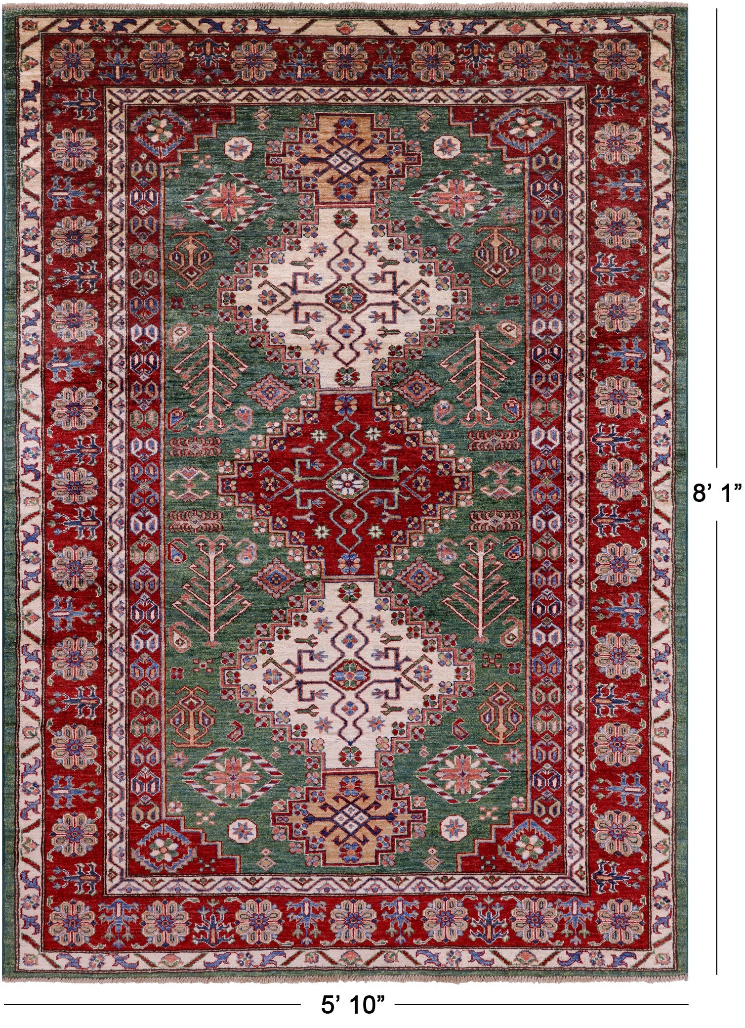 Green Super Kazak Hand Knotted Wool Rug - 5' 10" X 8' 1" - Golden Nile