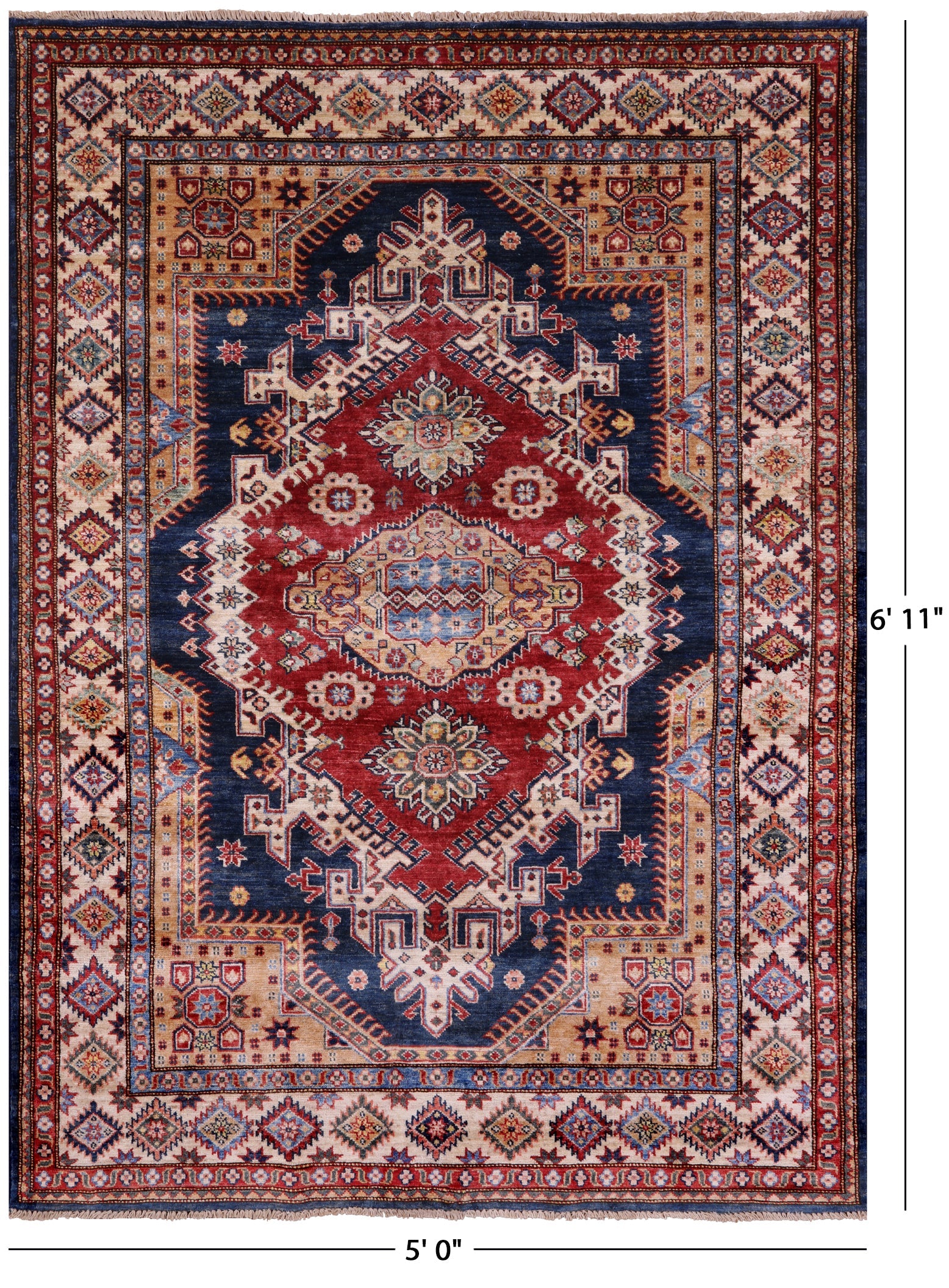 Blue Super Kazak Hand Knotted Wool Rug - 5' 0" X 6' 11" - Golden Nile