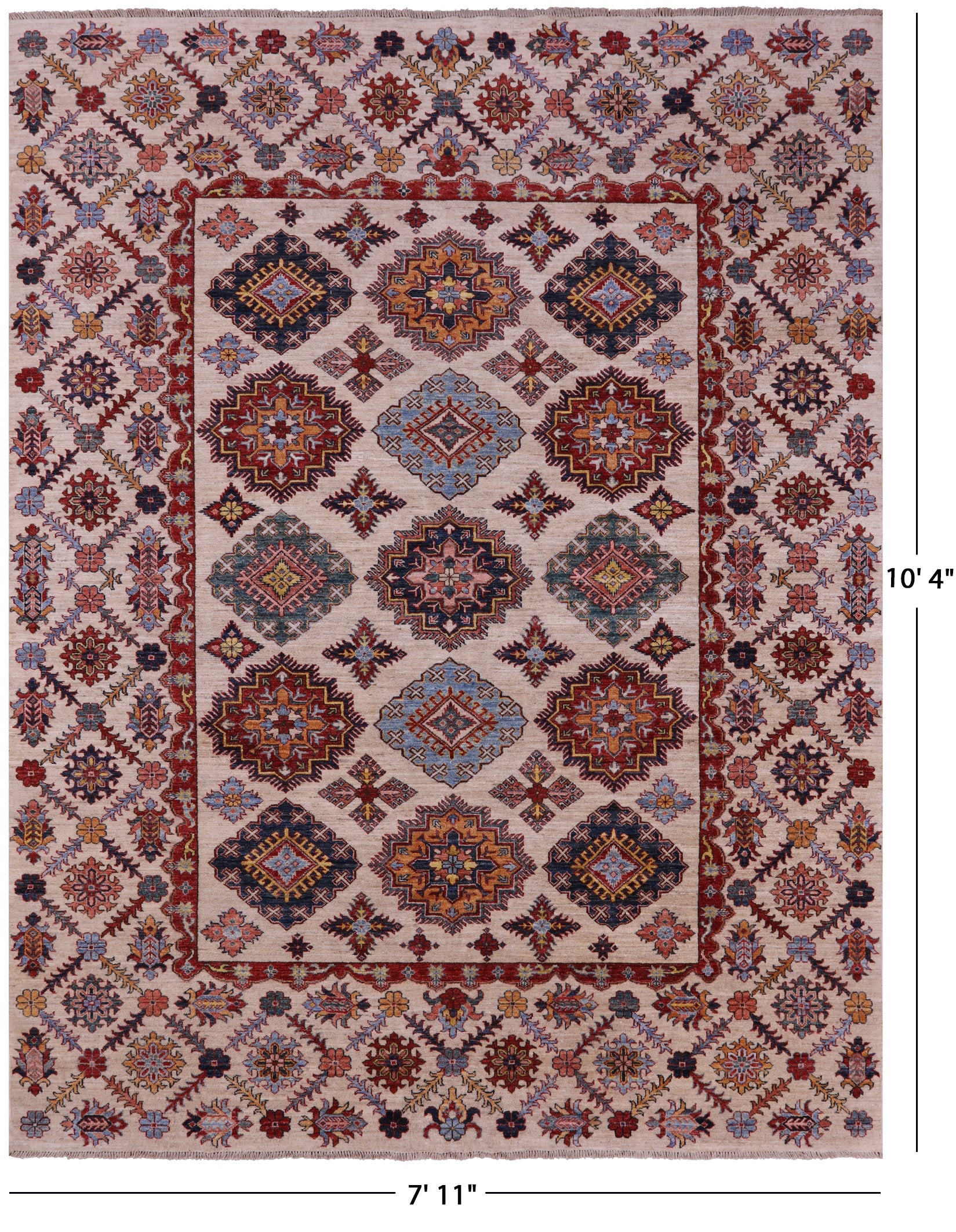 Ivory Super Kazak Hand Knotted Wool Rug - 7' 11" X 10' 4" - Golden Nile
