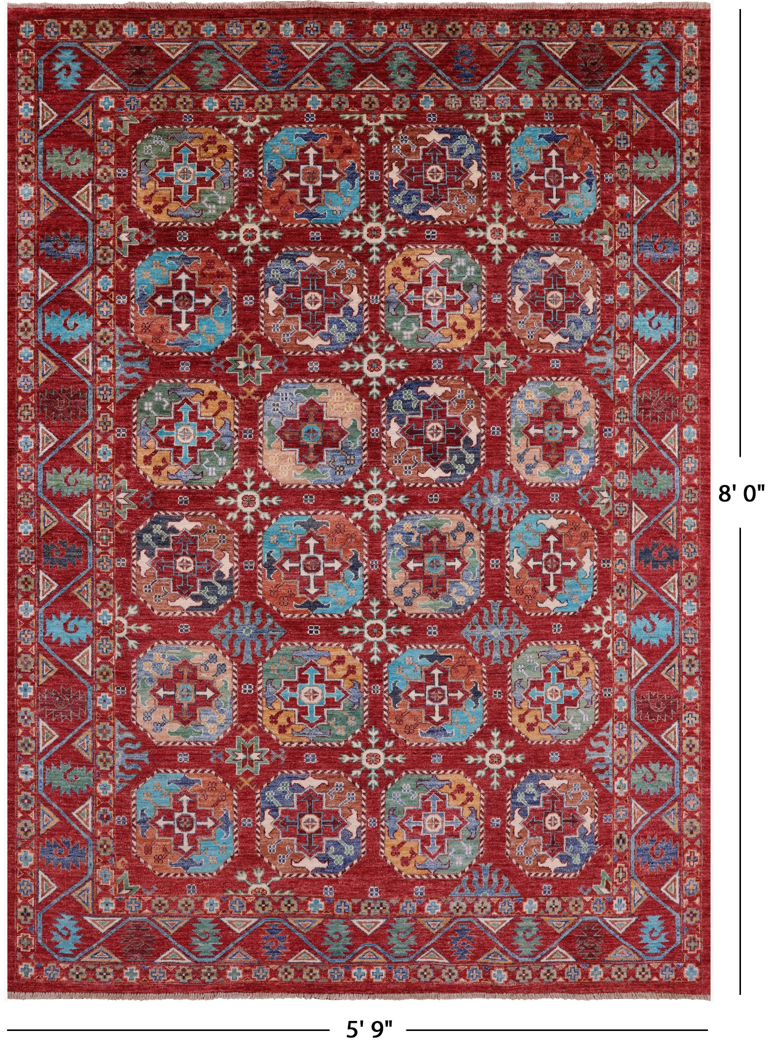 Red Turkmen Ersari Handmade Wool Rug - 5' 9" X 8' 0" - Golden Nile