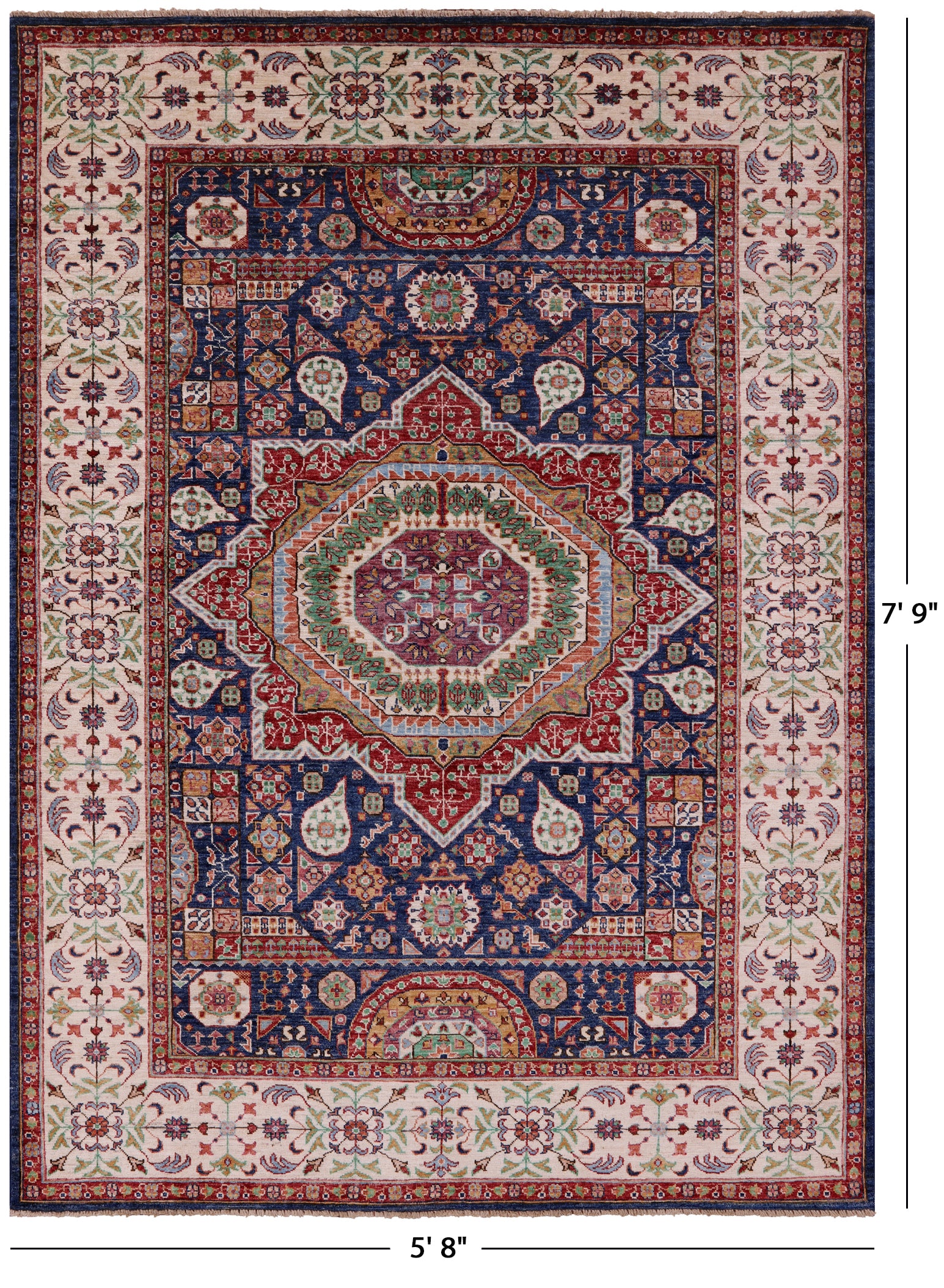 Blue Geometric Persian Mamluk Hand Knotted Wool Rug - 5' 8" X 7' 9" - Golden Nile