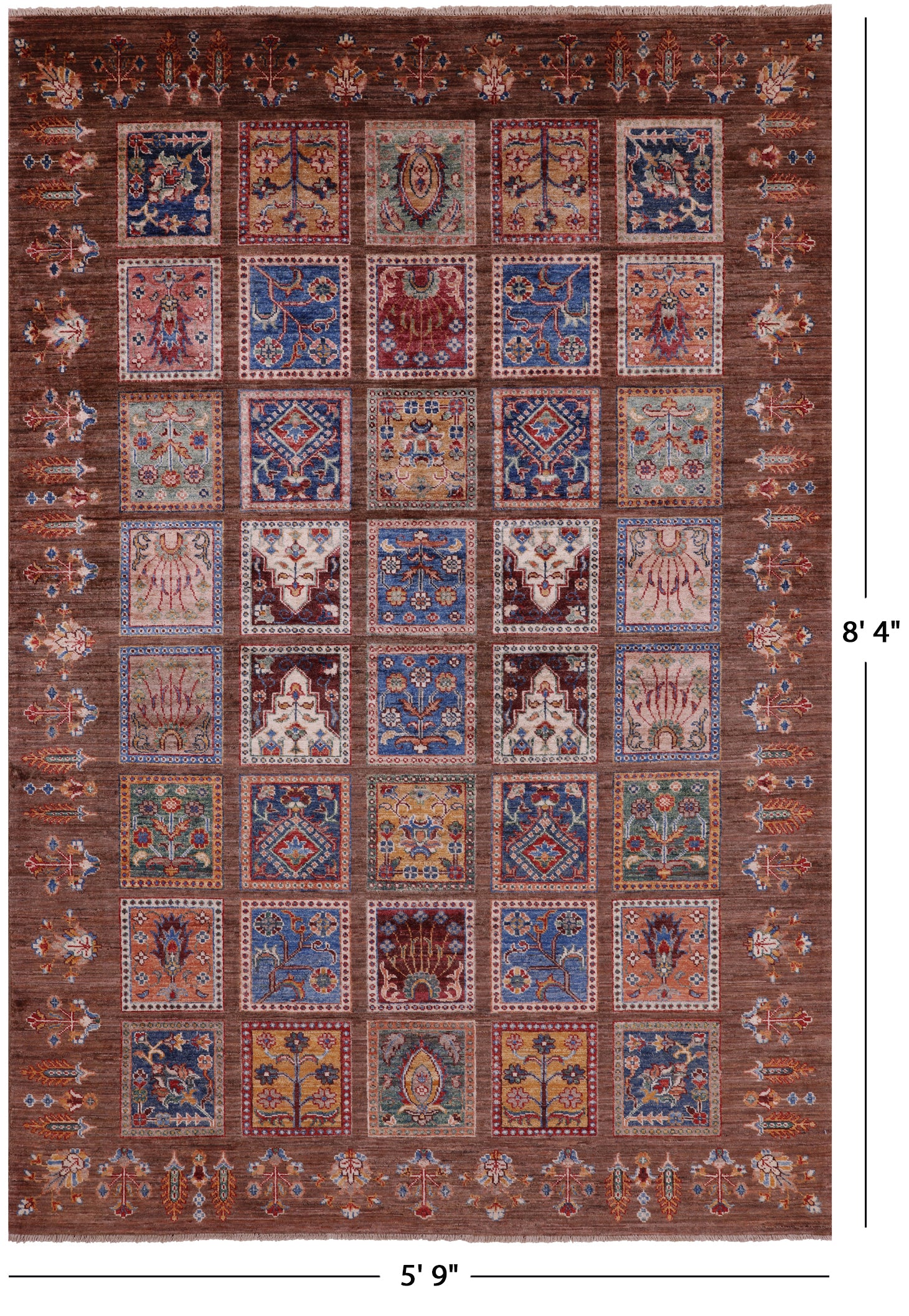 Brown Garden Design Persian Hand Knotted Wool Rug - 5' 9" X 8' 4" - Golden Nile