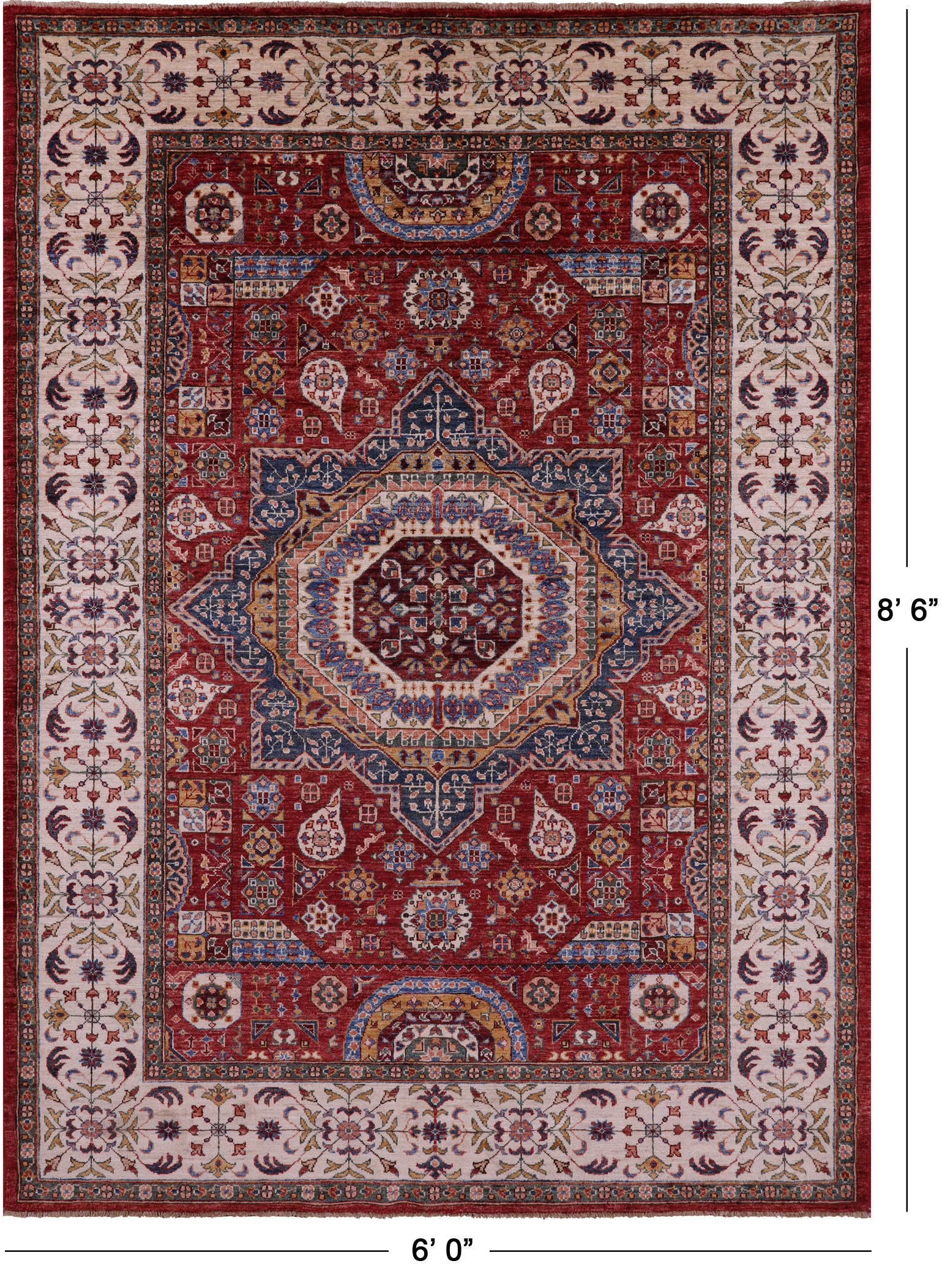 Red Geometric Persian Mamluk Hand Knotted Wool Rug - 6' 0" X 8' 6" - Golden Nile