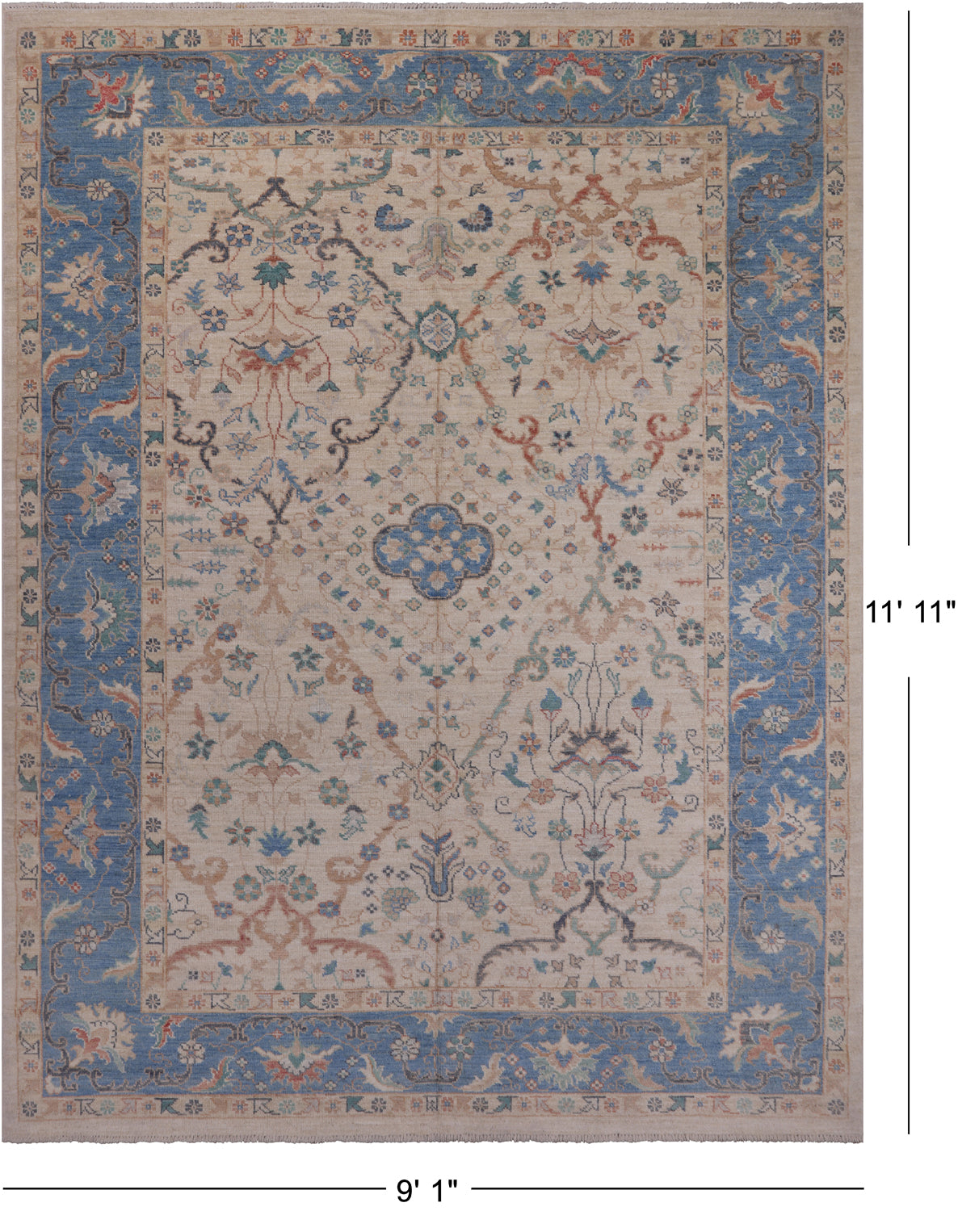 Ivory Turkish Oushak Hand Knotted Wool Rug - 9' 1" X 11' 11"