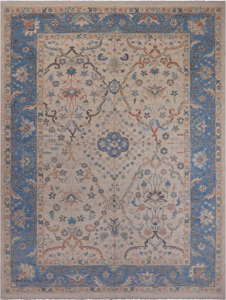 Ivory Turkish Oushak Hand Knotted Wool Rug - 9' 1" X 11' 11"
