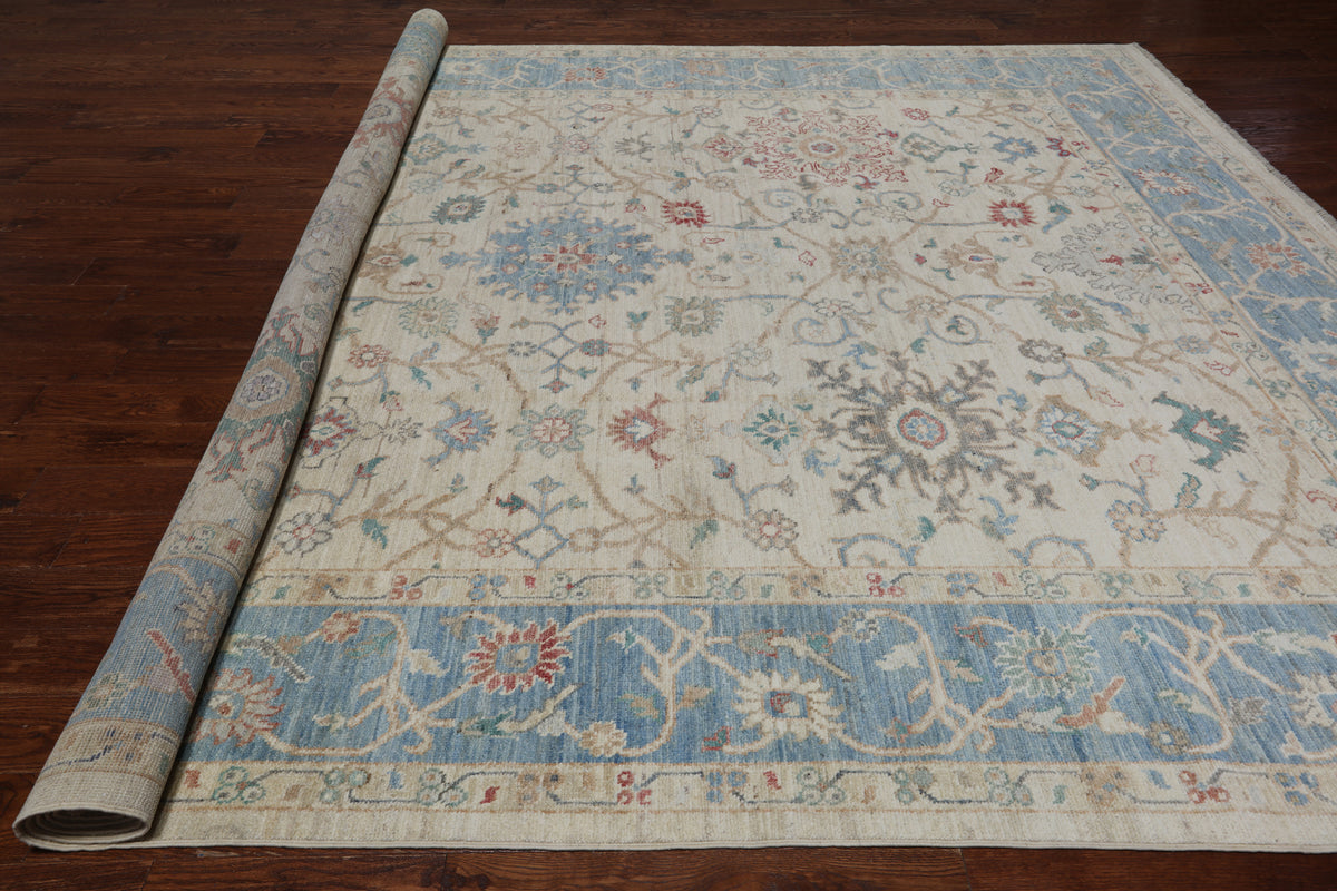 Ivory Turkish Oushak Hand Knotted Wool Rug - 10' 0" X 12' 8"