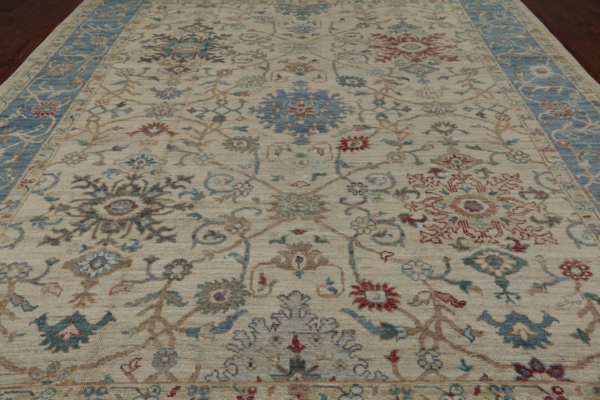 Ivory Turkish Oushak Hand Knotted Wool Rug - 10' 0" X 12' 8"