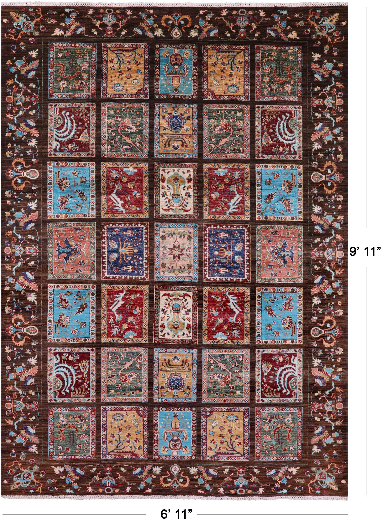 Brown Garden Design Persian Hand Knotted Wool Rug - 6' 11" X 9' 11" - Golden Nile