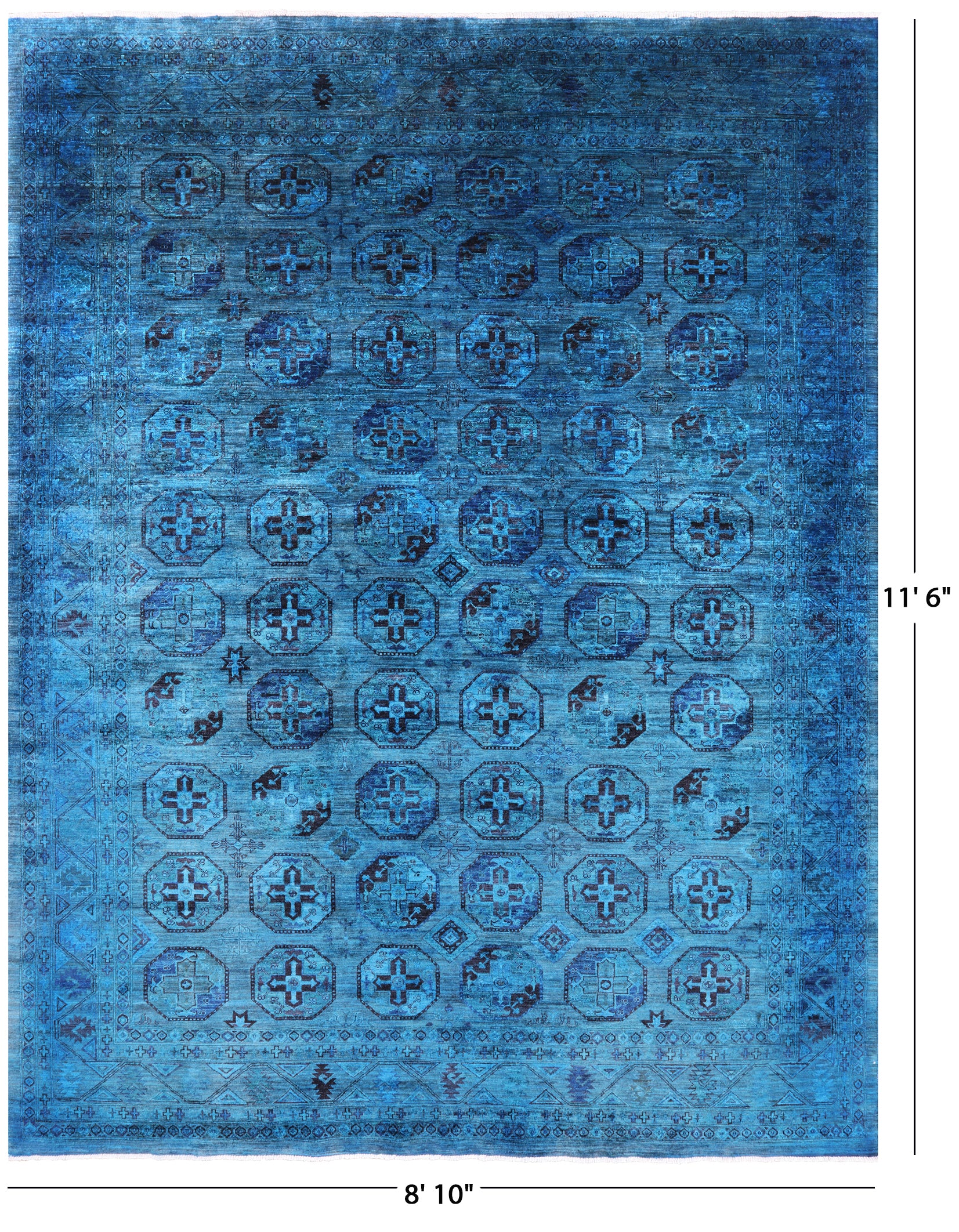 Blue Turkmen Ersari Hand Knotted Wool Rug - 8' 10" X 11' 6" - Golden Nile