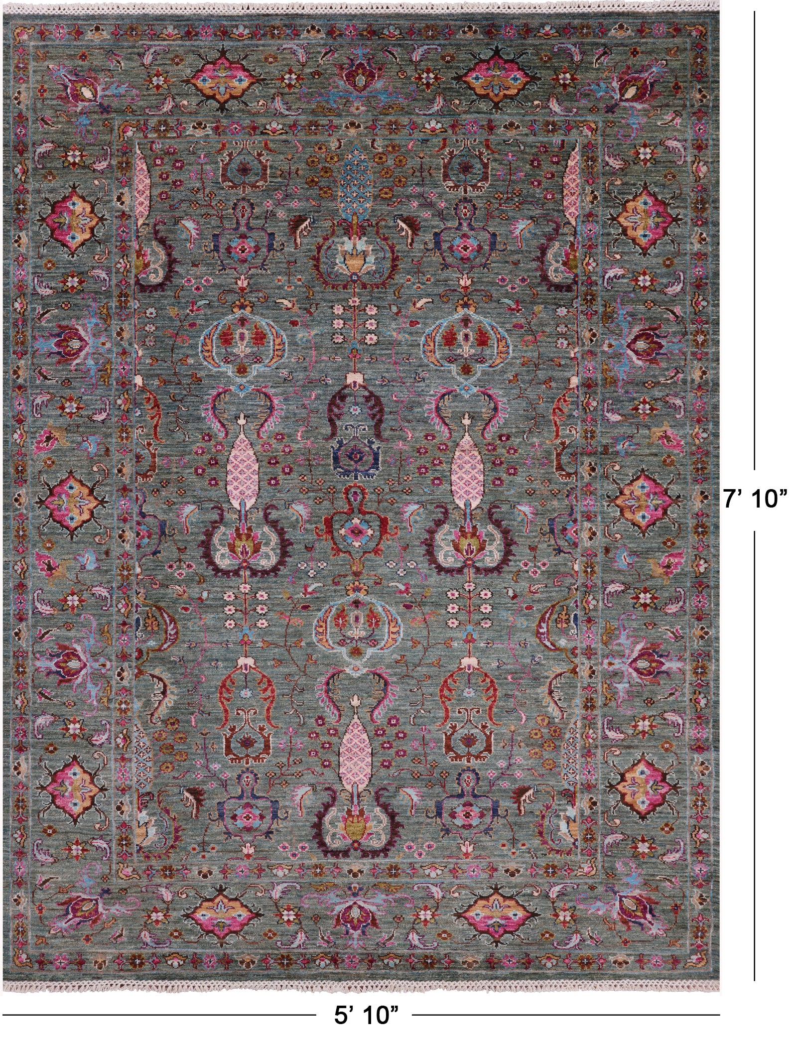 Green Peshawar Hand Knotted Wool Rug - 5' 10" X 7' 10" - Golden Nile