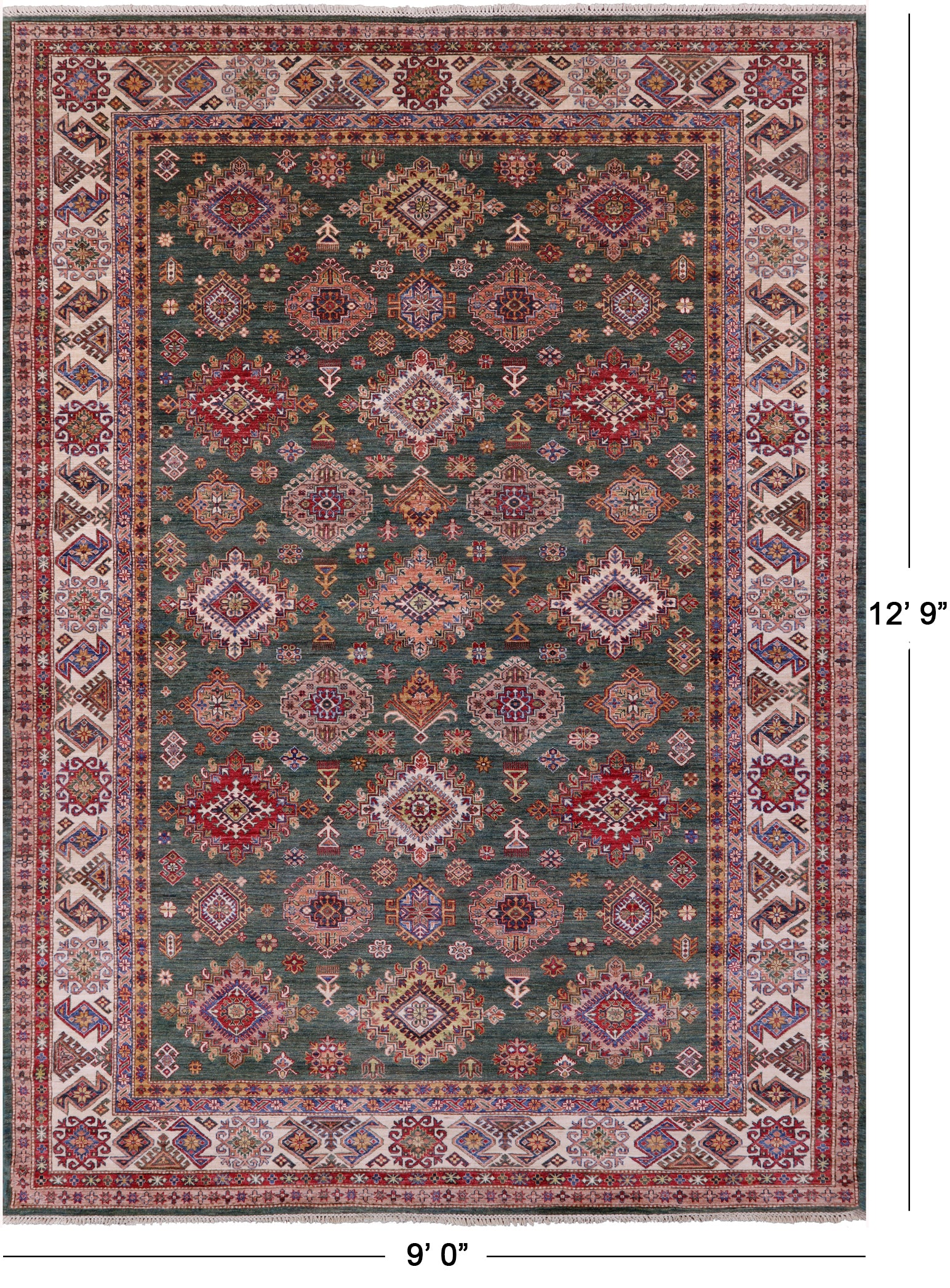 Green Super Kazak Hand Knotted Wool Rug - 9' 0" X 12' 9" - Golden Nile