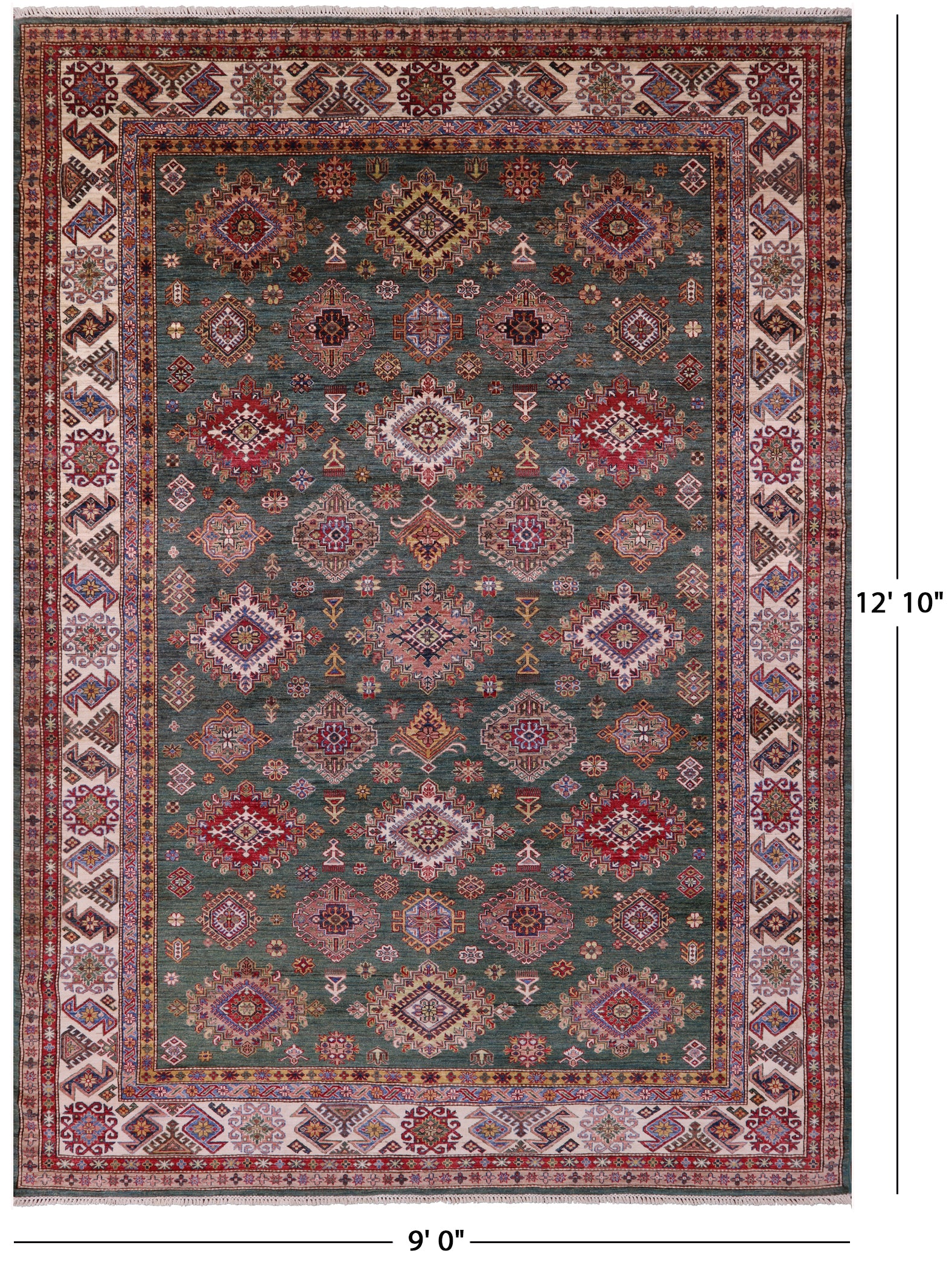 Green Super Kazak Hand Knotted Wool Rug - 9' 0" X 12' 10" - Golden Nile