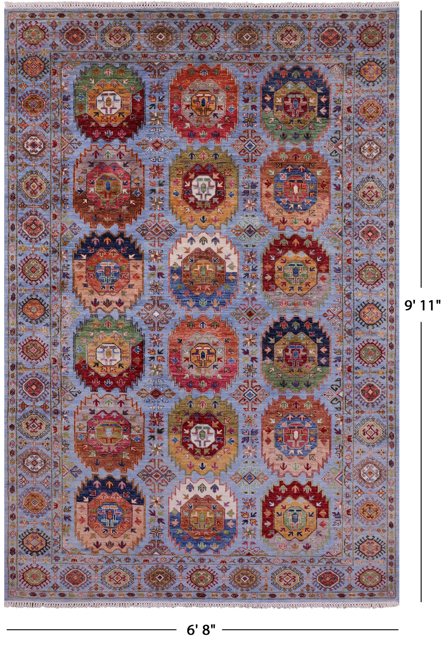 Blue Turkmen Ersari Handmade Wool Rug - 6' 8" X 9' 11" - Golden Nile