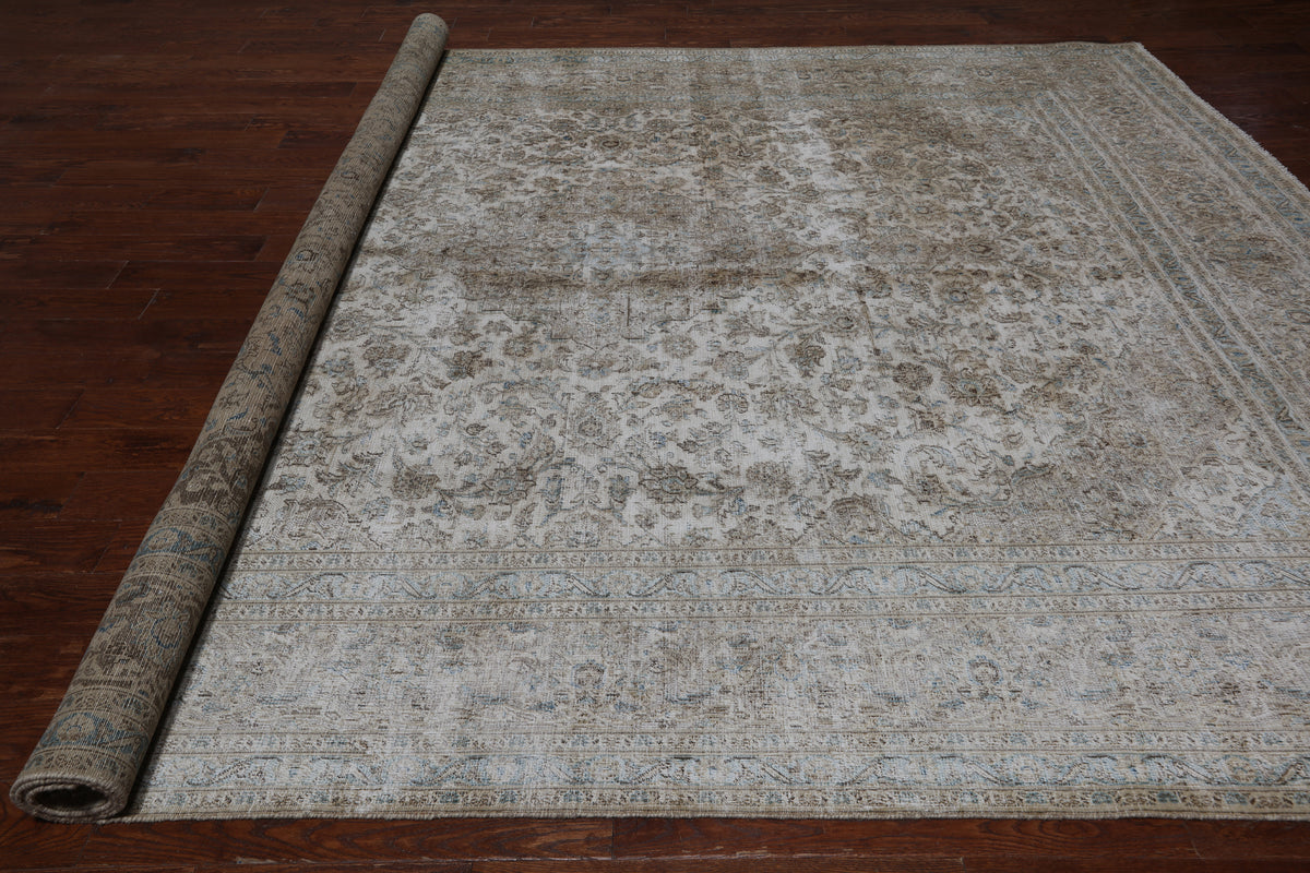 SUPER SALE Ivory Persian Vintage White Wash Handmade Wool Rug - 9' 6" X 12' 6"