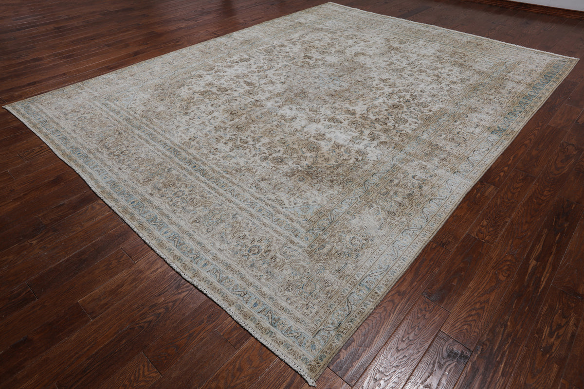 SUPER SALE Ivory Persian Vintage White Wash Handmade Wool Rug - 9' 6" X 12' 6"