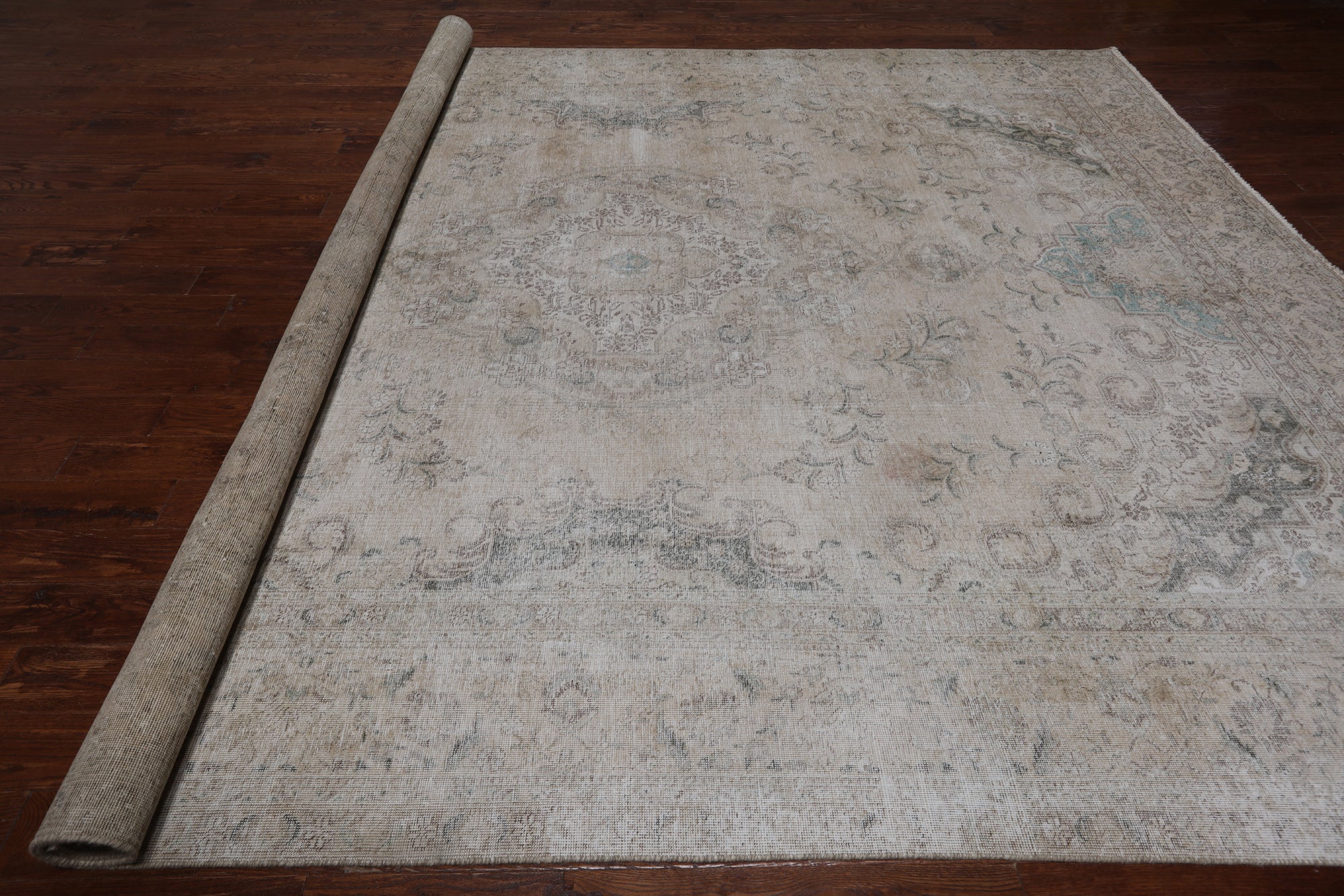 SUPER SALE Ivory Persian Vintage White Wash Hand Knotted Wool Rug - 9' 10" X 12' 6"