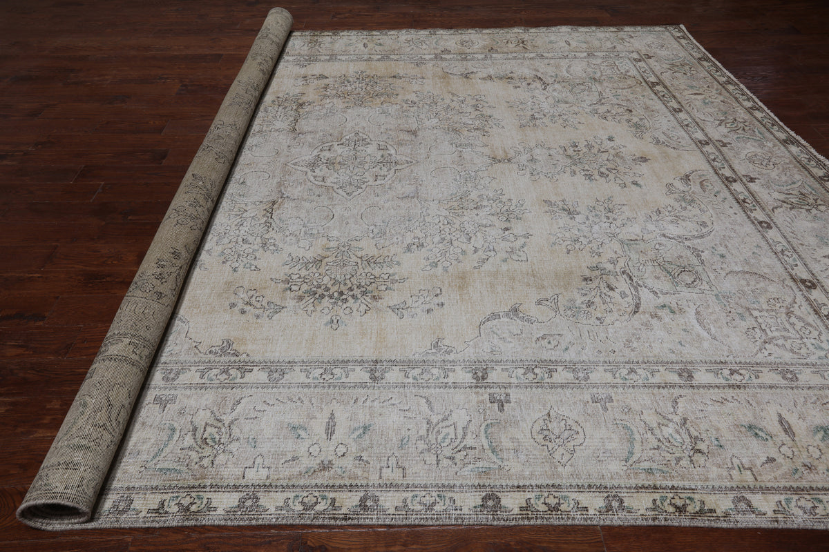 SUPER SALE Ivory Persian Vintage White Wash Hand Knotted Wool Rug - 9' 9" X 12' 2"