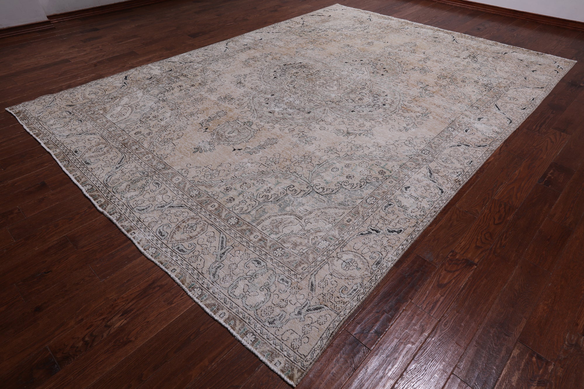 SUPER SALE Ivory Persian Vintage White Wash Handmade Wool Rug - 8' 11" X 12' 7"
