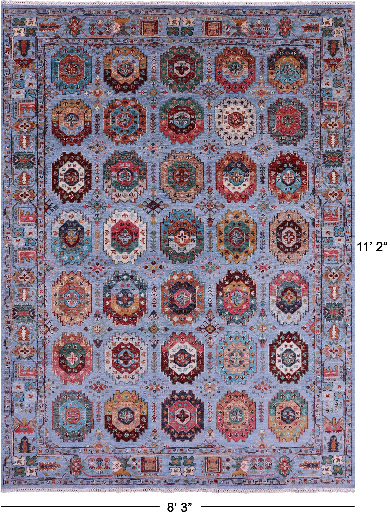 Blue Turkmen Ersari Handmade Wool Rug - 8' 3" X 11' 2" - Golden Nile
