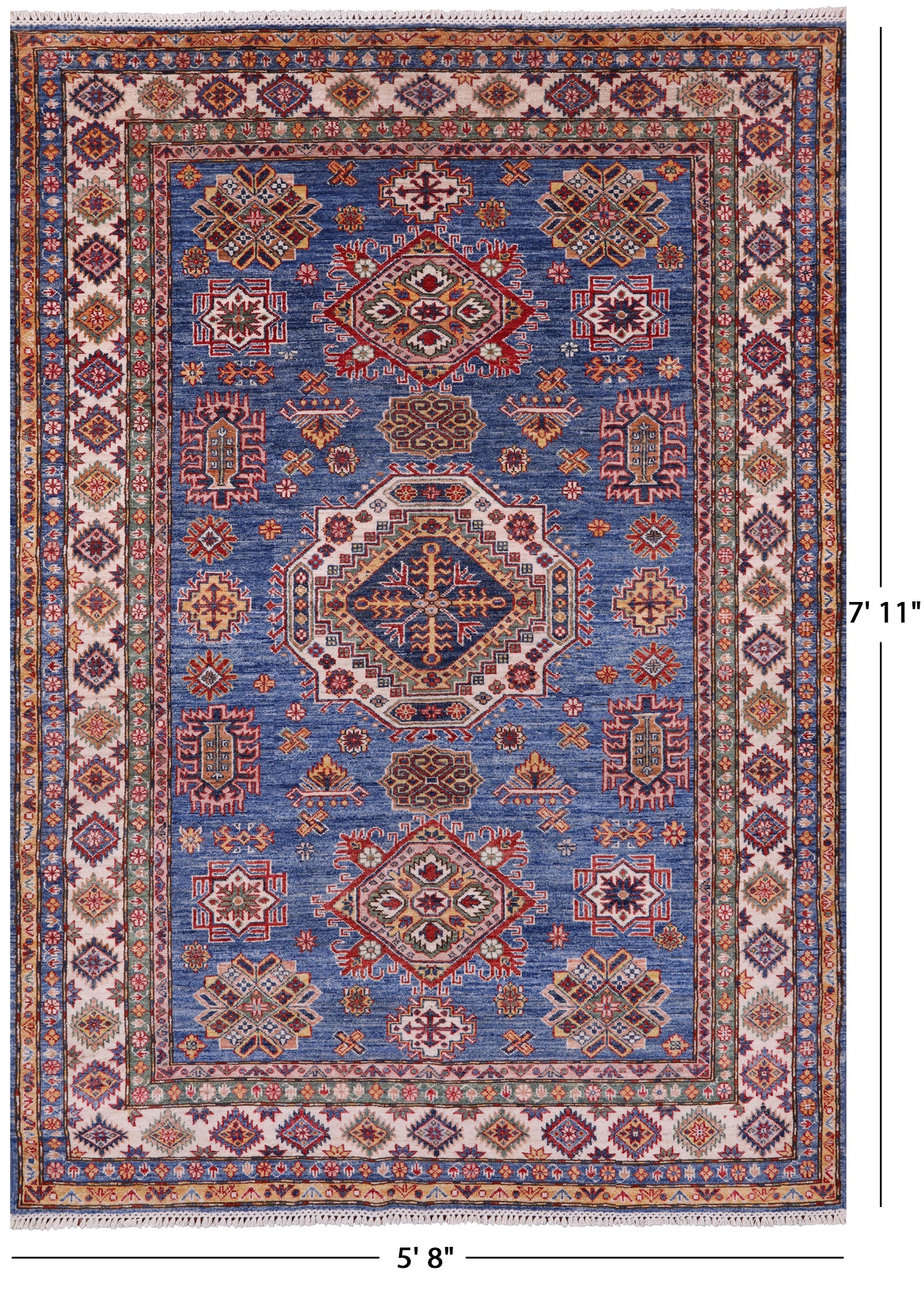 Blue Super Kazak Hand Knotted Wool Rug - 5' 8" X 7' 11" - Golden Nile