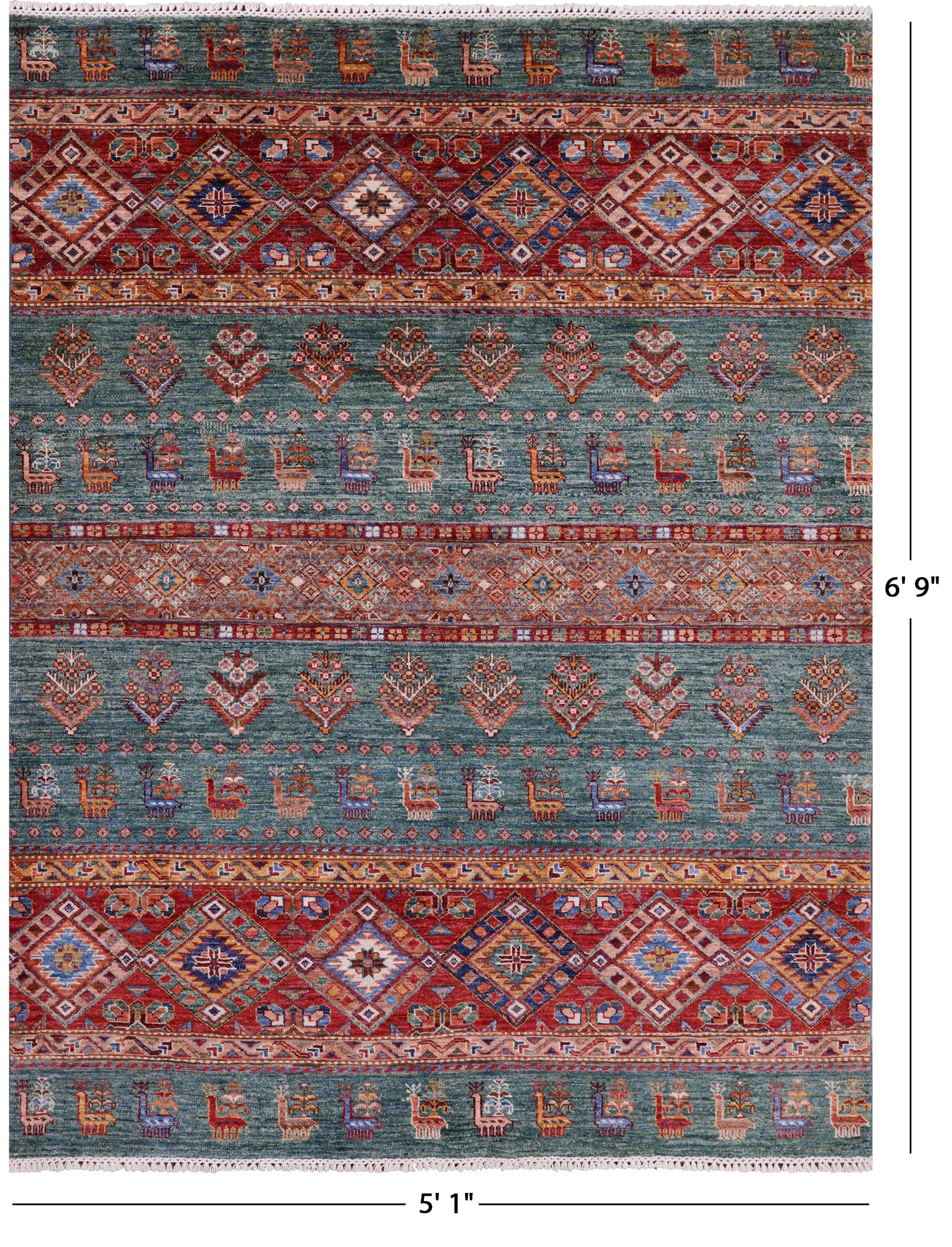 Green Tribal Persian Gabbeh Hand Knotted Wool Rug - 5' 1" X 6' 9" - Golden Nile