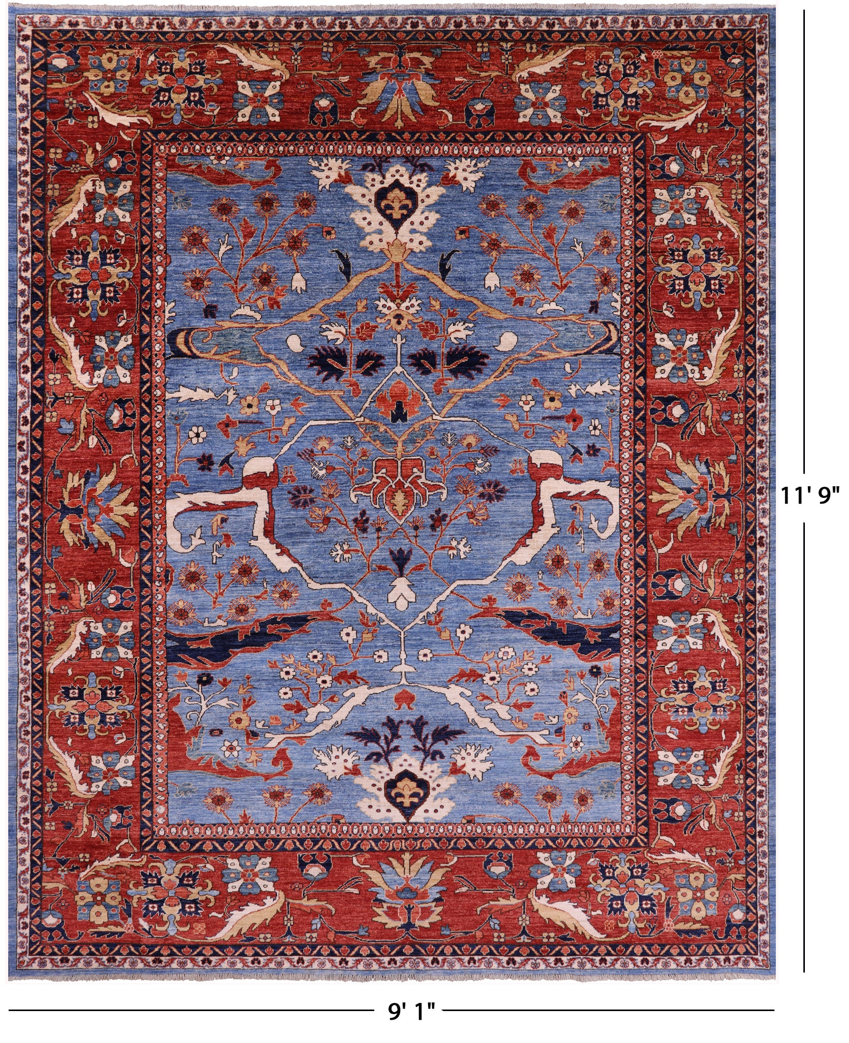 Blue Persian Fine Serapi Handmade Wool Rug - 9' 1" X 11' 9" - Golden Nile