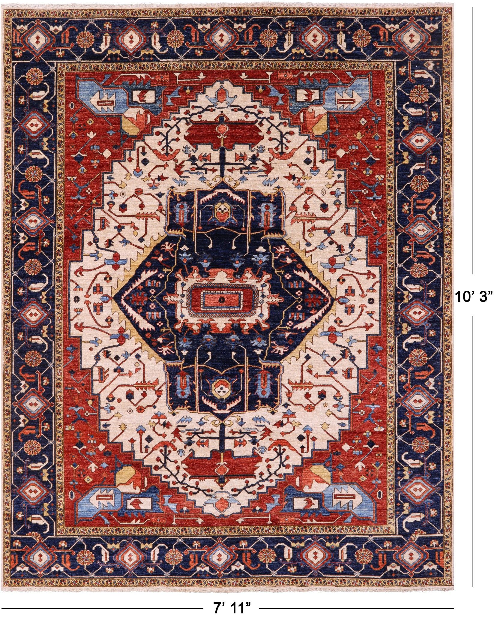 Ivory Persian Fine Serapi Hand Knotted Wool Rug - 7' 11" X 10' 3" - Golden Nile
