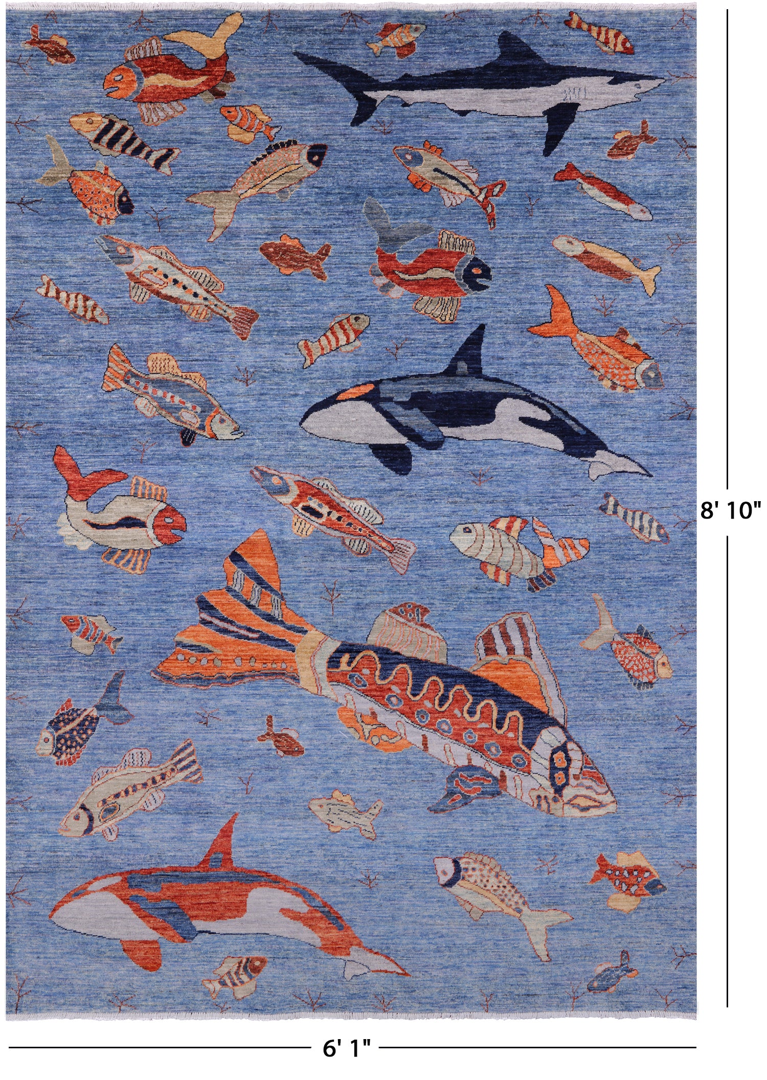 Blue Fish Design Persian Gabbeh Hand Knotted Wool Rug - 6' 1" X 8' 10" - Golden Nile