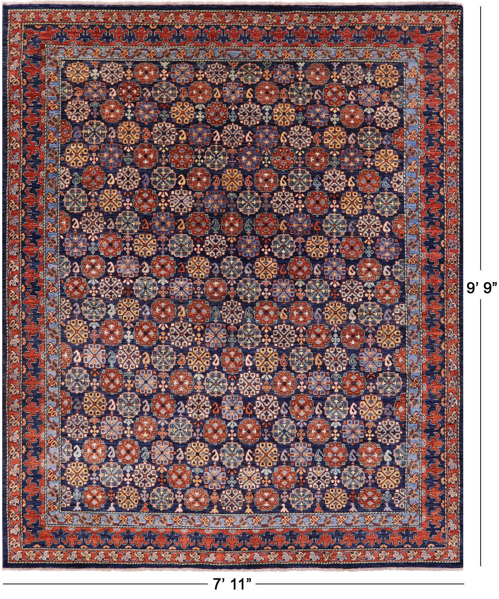 Blue Turkmen Ersari Hand Knotted Wool Rug - 7' 11" X 9' 9" - Golden Nile