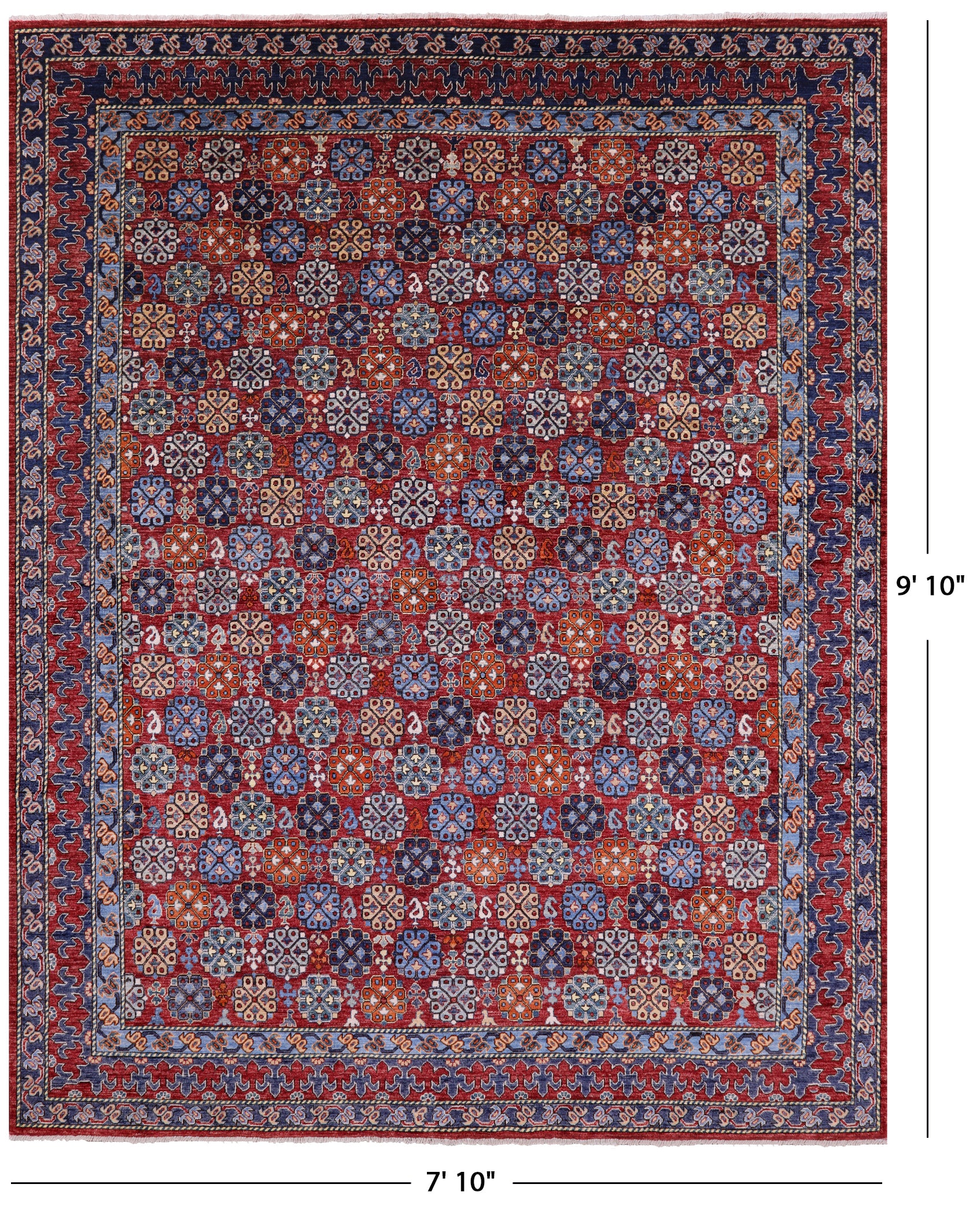 Red Turkmen Ersari Hand Knotted Wool Rug - 7' 10" X 9' 10" - Golden Nile