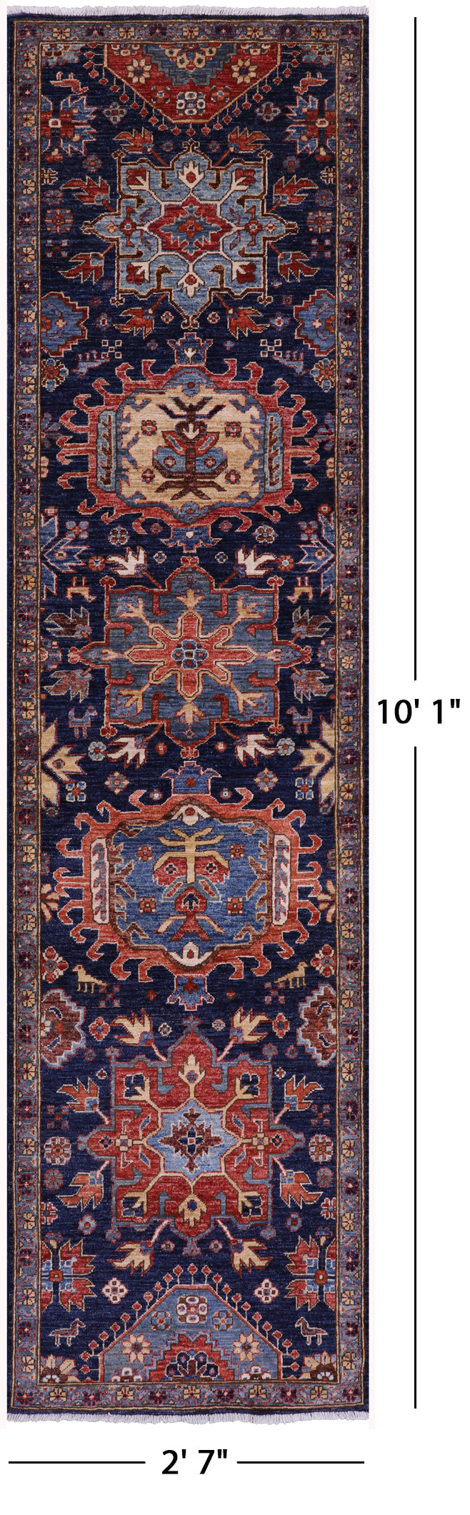 Blue Persian Fine Serapi Hand Knotted Wool Runner Rug - 2' 7" X 10' 1" - Golden Nile