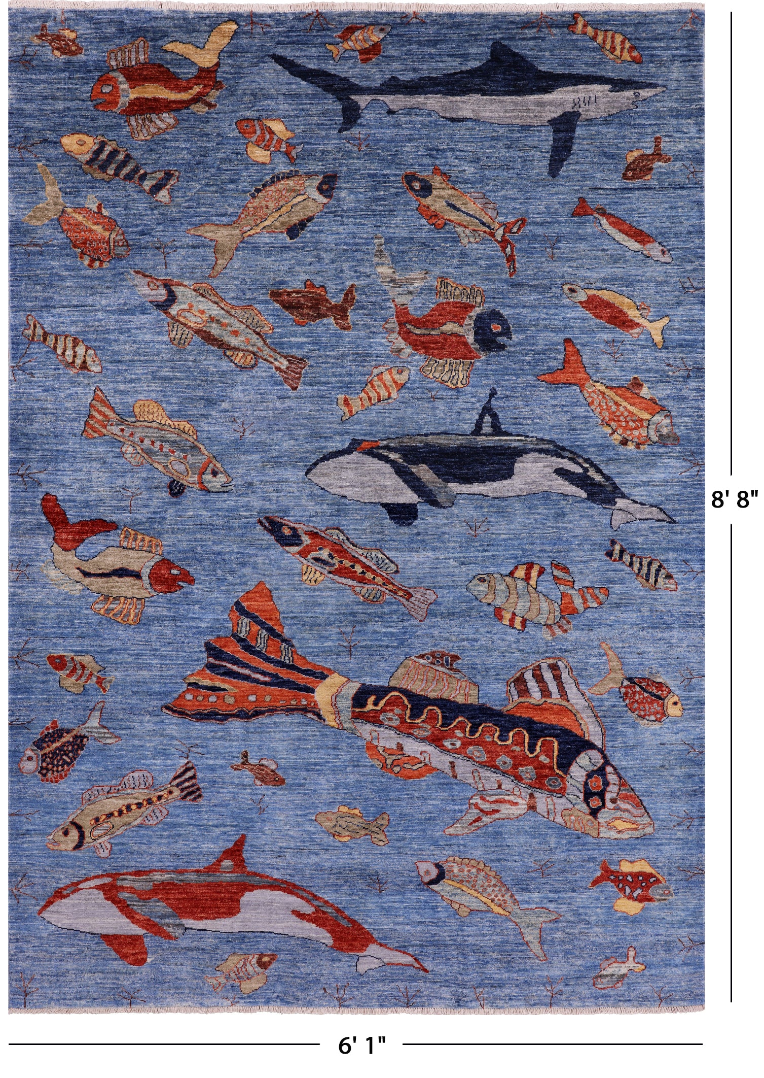 blue hand hooked wool rug blue fish Blue 6' 1" X 8' 8" Gabbeh Fish Design Handmade Wool Rug