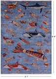 Blue Fish Design Persian Gabbeh Hand Knotted Wool Rug - 6' 1" X 8' 8" - Golden Nile