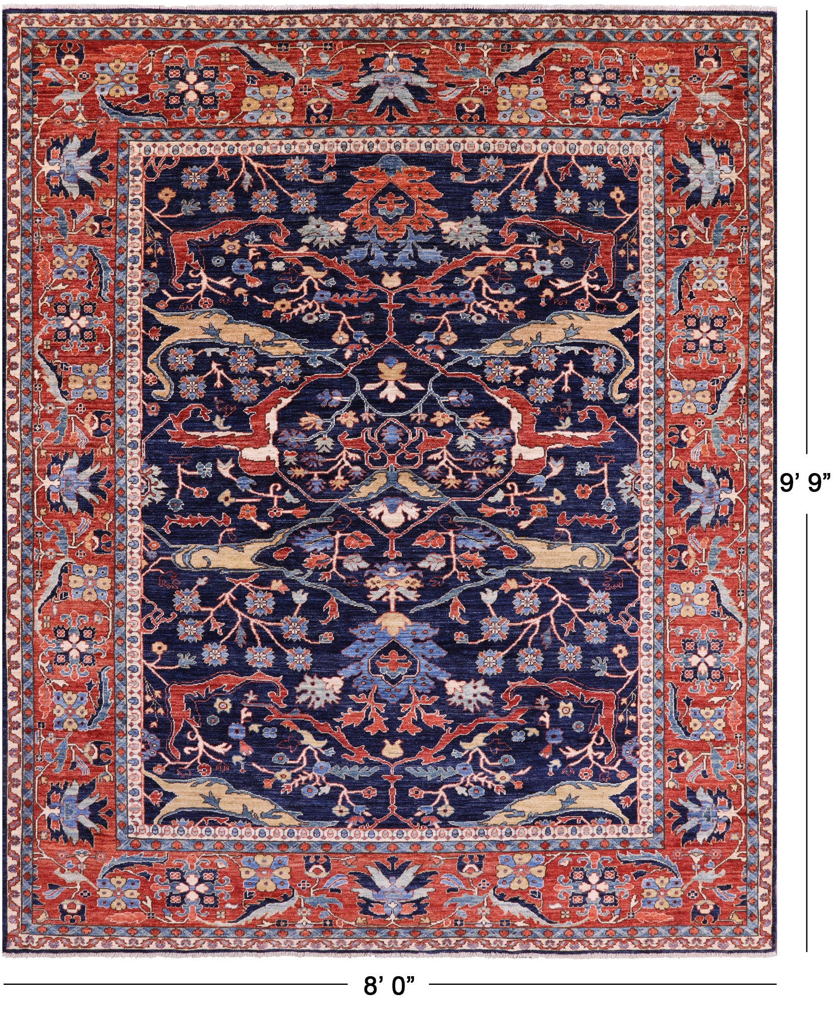 Blue Persian Fine Serapi Hand Knotted Wool Rug - 8' 0" X 9' 9" - Golden Nile