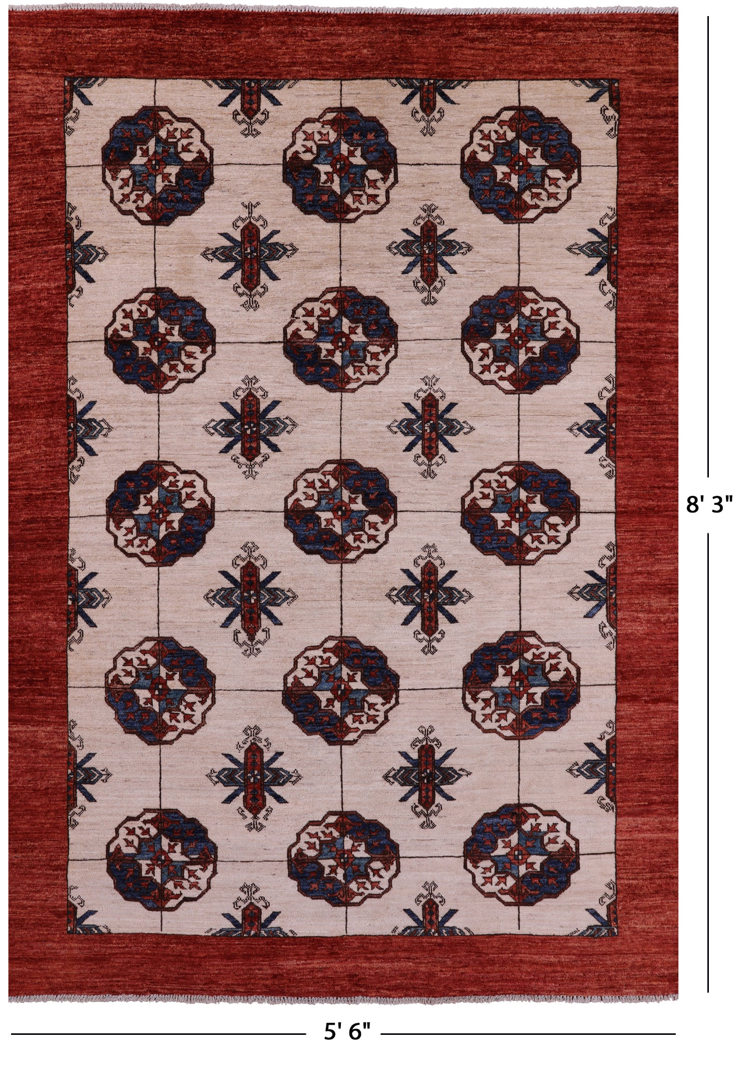Ivory Turkmen Ersari Hand Knotted Wool Rug - 5' 6" X 8' 3" - Golden Nile