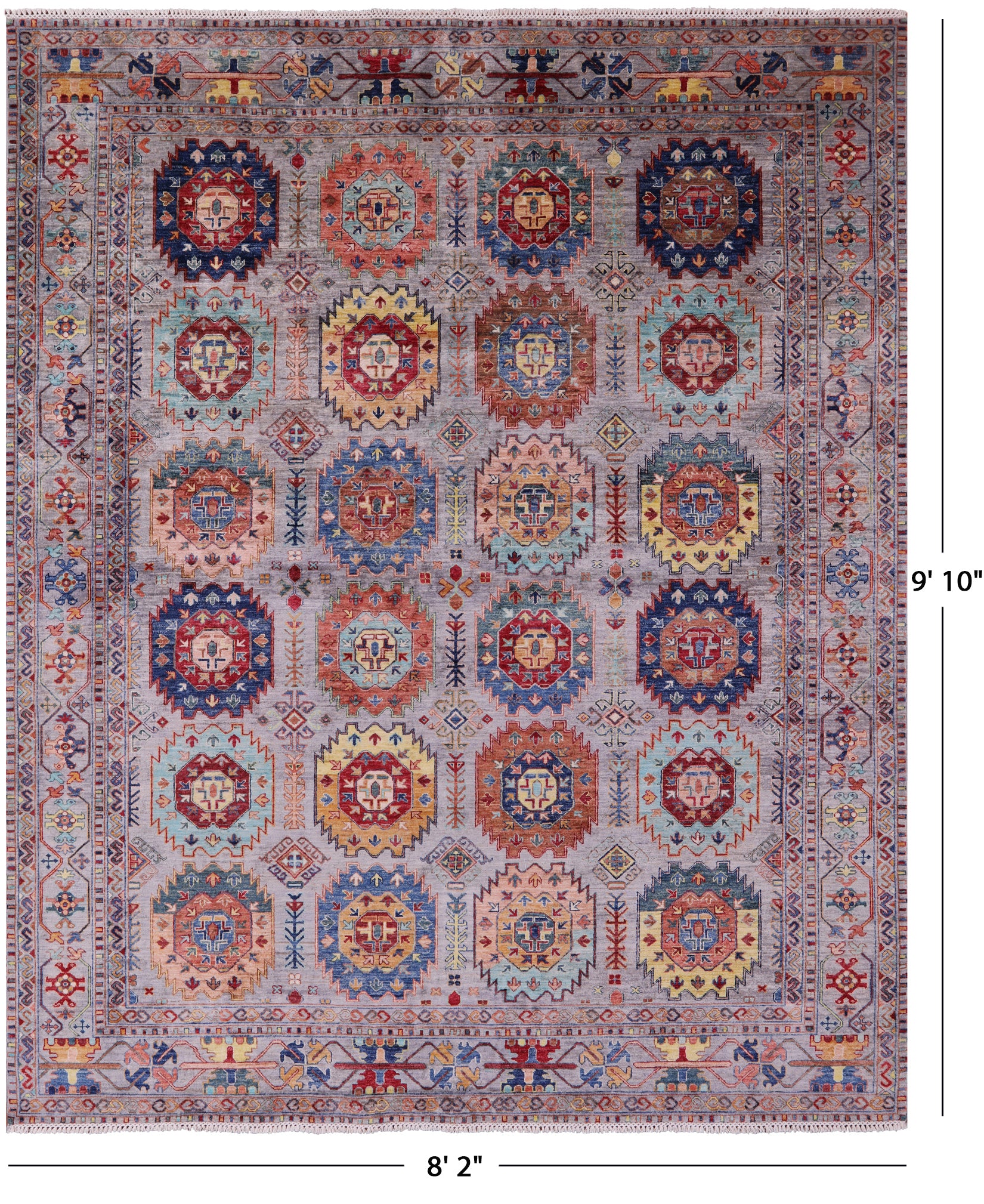Grey Turkmen Ersari Handmade Wool Rug - 8' 2" X 9' 10" - Golden Nile